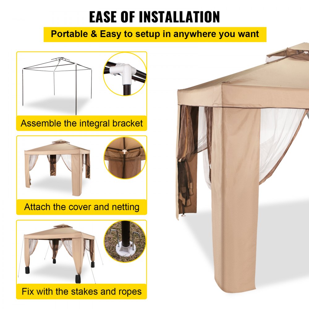 VEVOR Outdoor Canopy Gazebo Tent, Portable Canopy Shelter with 10\'x10\' Large Shade Space for Party, Backyard, Patio Lawn and Garden, 4 Sandbags, and Netting Included, Brown