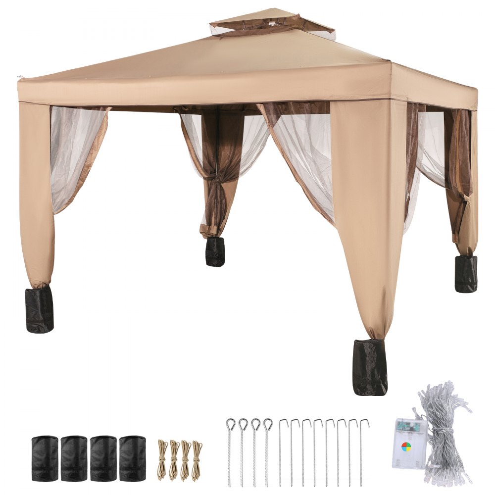 VEVOR outdoor canopy tent with netting, stakes, ropes, weights, and carrying bag included.