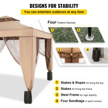 Patio Gazebo 10x10ft Gazebo with Mosquito Netting Steel Frame Outdoor Gazebo Patio Tent Garden Winds Replacement Canopy Double Tier Roof Canopy Gazebos For Patios Garden Home Lawn Brown
