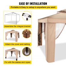 Patio Gazebo 10x10ft Gazebo with Mosquito Netting Steel Frame Outdoor Gazebo Patio Tent Garden Winds Replacement Canopy Double Tier Roof Canopy Gazebos For Patios Garden Home Lawn Brown