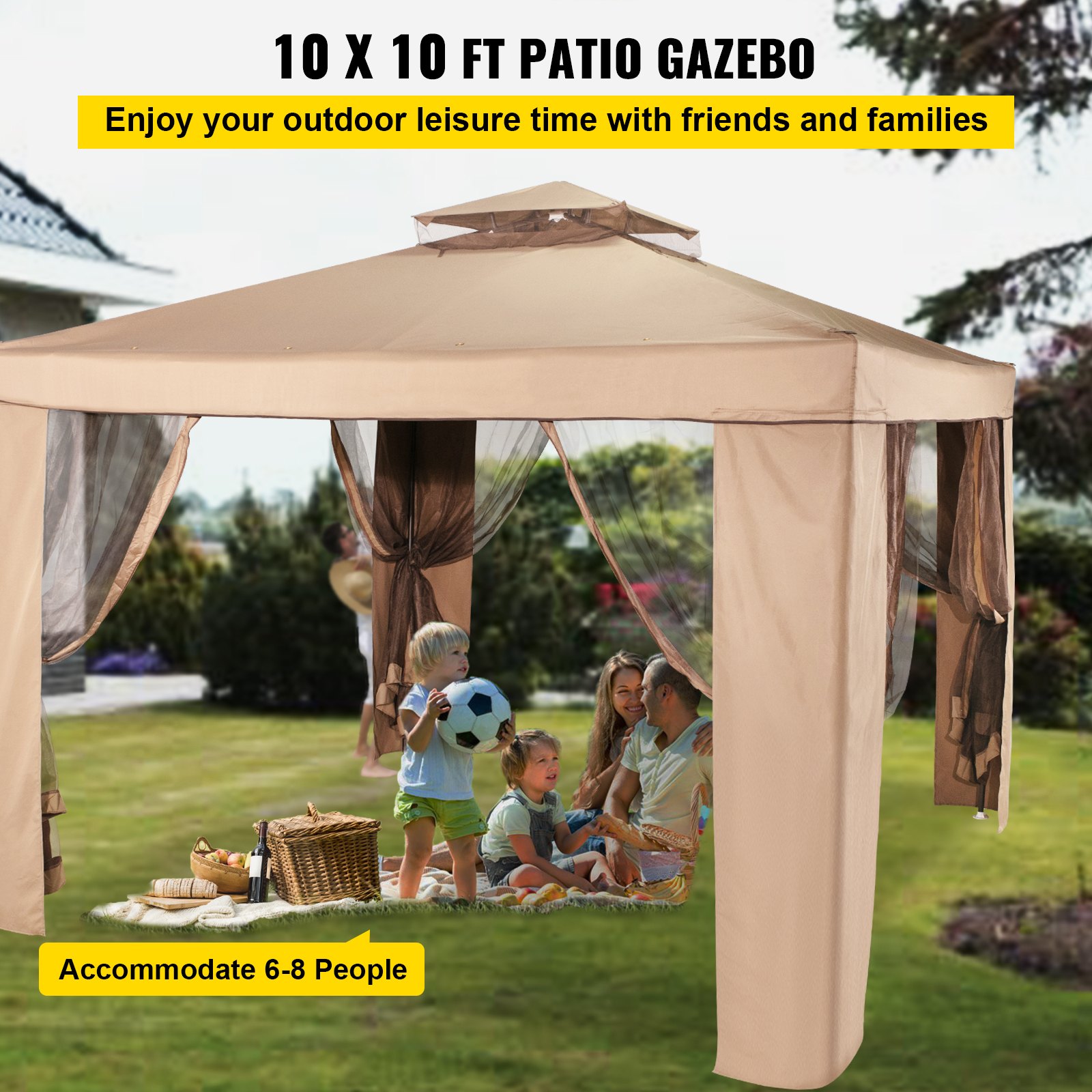 VEVOR Outdoor Canopy Gazebo Tent, Portable Canopy Shelter with 10\'x10\' Large Shade Space for Party, Backyard, Patio Lawn and Garden, 4 Sandbags, and Netting Included, Brown