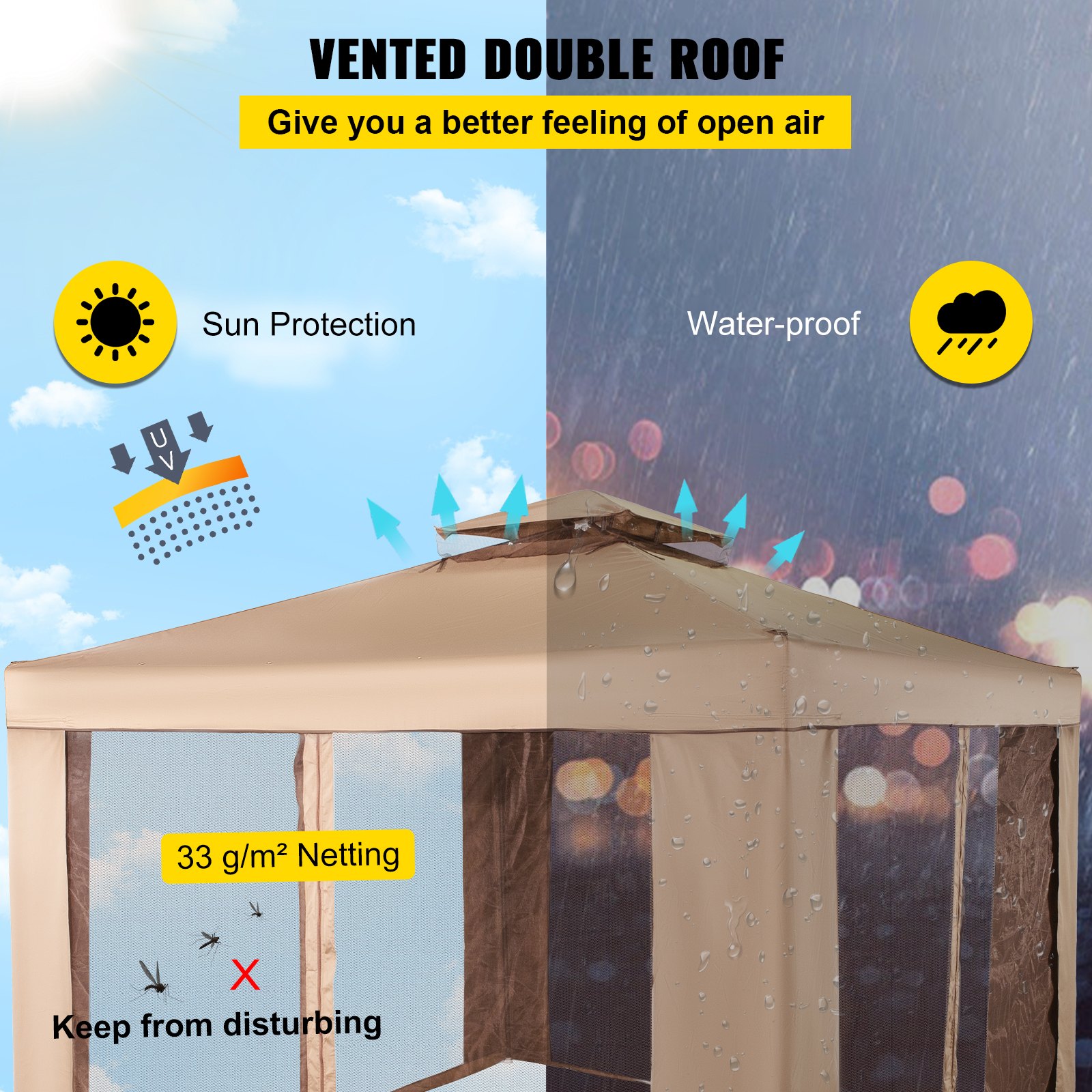 VEVOR Outdoor Canopy Gazebo Tent, Portable Canopy Shelter with 10\'x10\' Large Shade Space for Party, Backyard, Patio Lawn and Garden, 4 Sandbags, and Netting Included, Brown