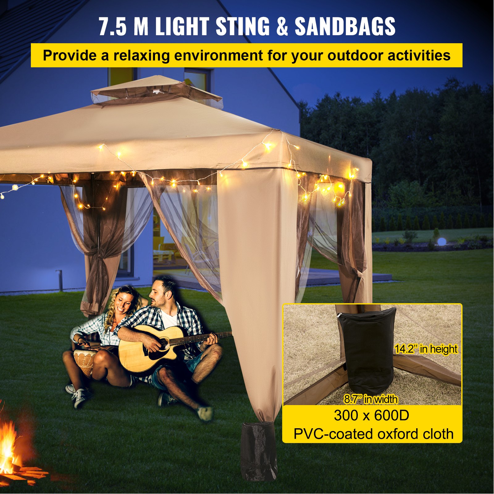 VEVOR Outdoor Canopy Gazebo Tent, Portable Canopy Shelter with 10\'x10\' Large Shade Space for Party, Backyard, Patio Lawn and Garden, 4 Sandbags, and Netting Included, Brown