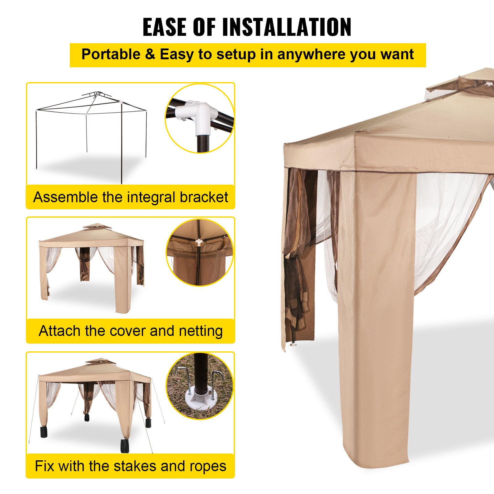 VEVOR Outdoor Canopy Gazebo Tent, Portable Canopy Shelter with 10\'x10\' Large Shade Space for Party, Backyard, Patio Lawn and Garden, 4 Sandbags, and Netting Included, Brown