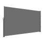 VEVOR retractable side awning in gray, fully extended with handles and support poles.