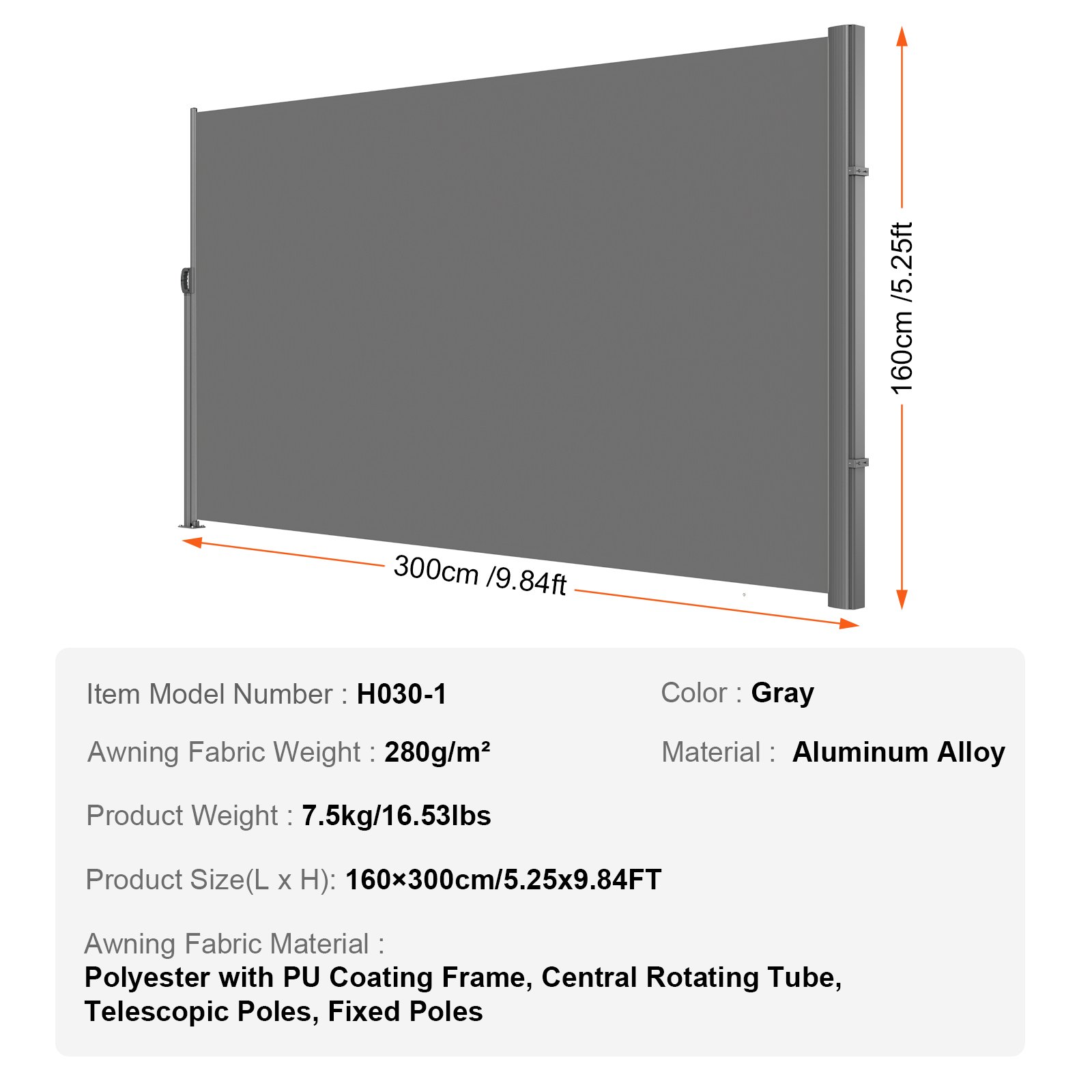 VEVOR retractable side awning, gray, 300x160cm, aluminum alloy frame.