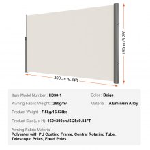 VEVOR Retractable Side Awning,160X300cm Aluminum Outdoor Privacy Screen, 280g Polyester Water-proof Retractable Patio Screen, UV 30+ Room Divider Wind Screen for Patio, Backyard, Balcony, Beige