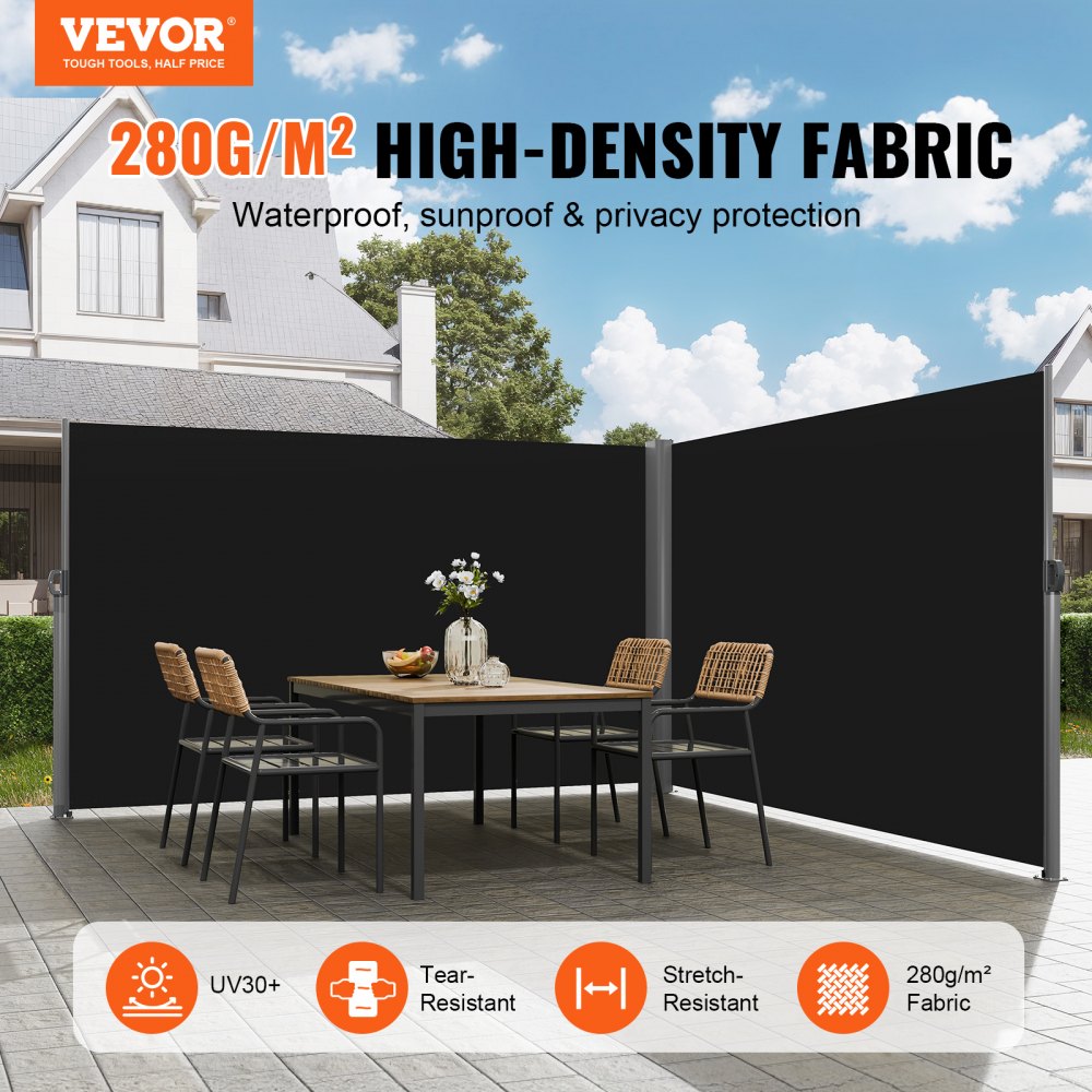 VEVOR Retractable Side Awning, 63''x 236'' Aluminum Outdoor Privacy Screen, 280g Polyester Water-proof Retractable Patio Screen, UV 30+ Room Divider Wind Screen for Patio, Backyard, Balcony, Black