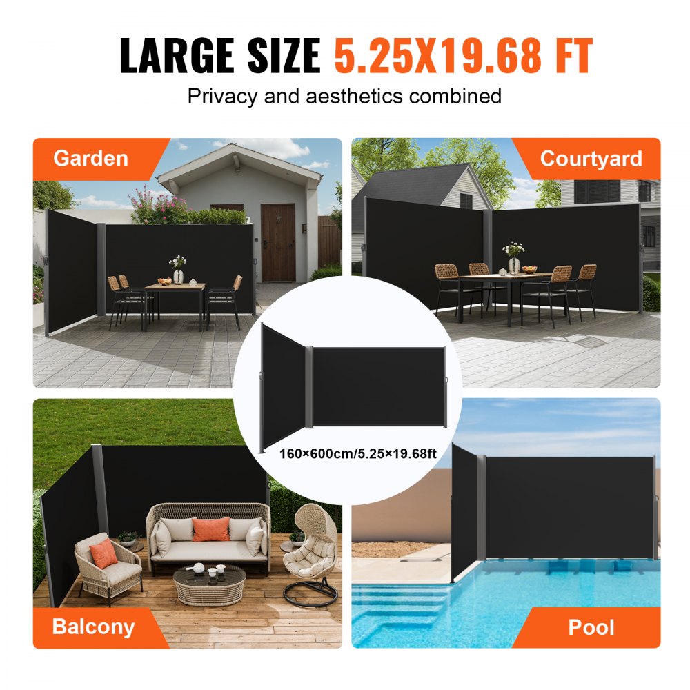VEVOR Retractable Side Awning, 63''x 236'' Aluminum Outdoor Privacy Screen, 280g Polyester Water-proof Retractable Patio Screen, UV 30+ Room Divider Wind Screen for Patio, Backyard, Balcony, Black