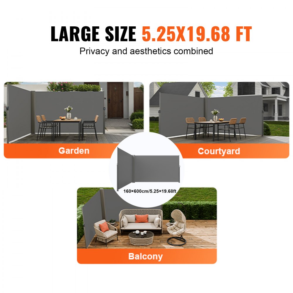 VEVOR Retractable Side Awning, 160X600cm Aluminum Outdoor Privacy Screen, 280g Polyester Water-proof Retractable Patio Screen, UV 30+ Room Divider Wind Screen for Patio, Backyard, Balcony, Gray