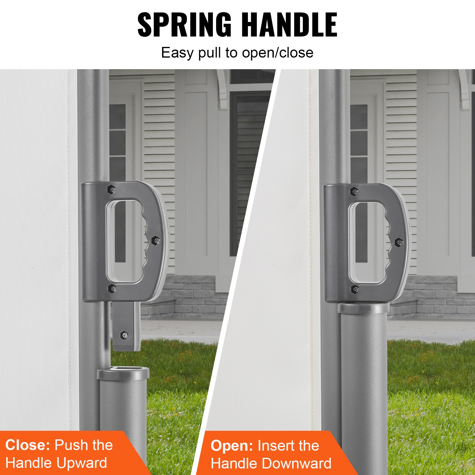 spring handle mechanism for VEVOR retractable awning with easy push and pull instructions.