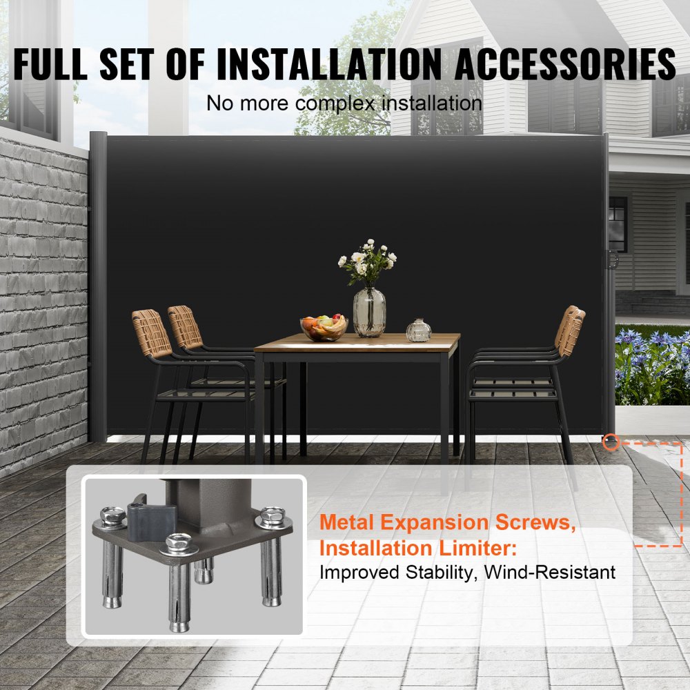 VEVOR Retractable Side Awning, 71''x 118'' Aluminum Outdoor Privacy Screen, 280g Polyester Water-proof Retractable Patio Screen, UV 30+ Room Divider Wind Screen for Patio, Backyard, Balcony, Black
