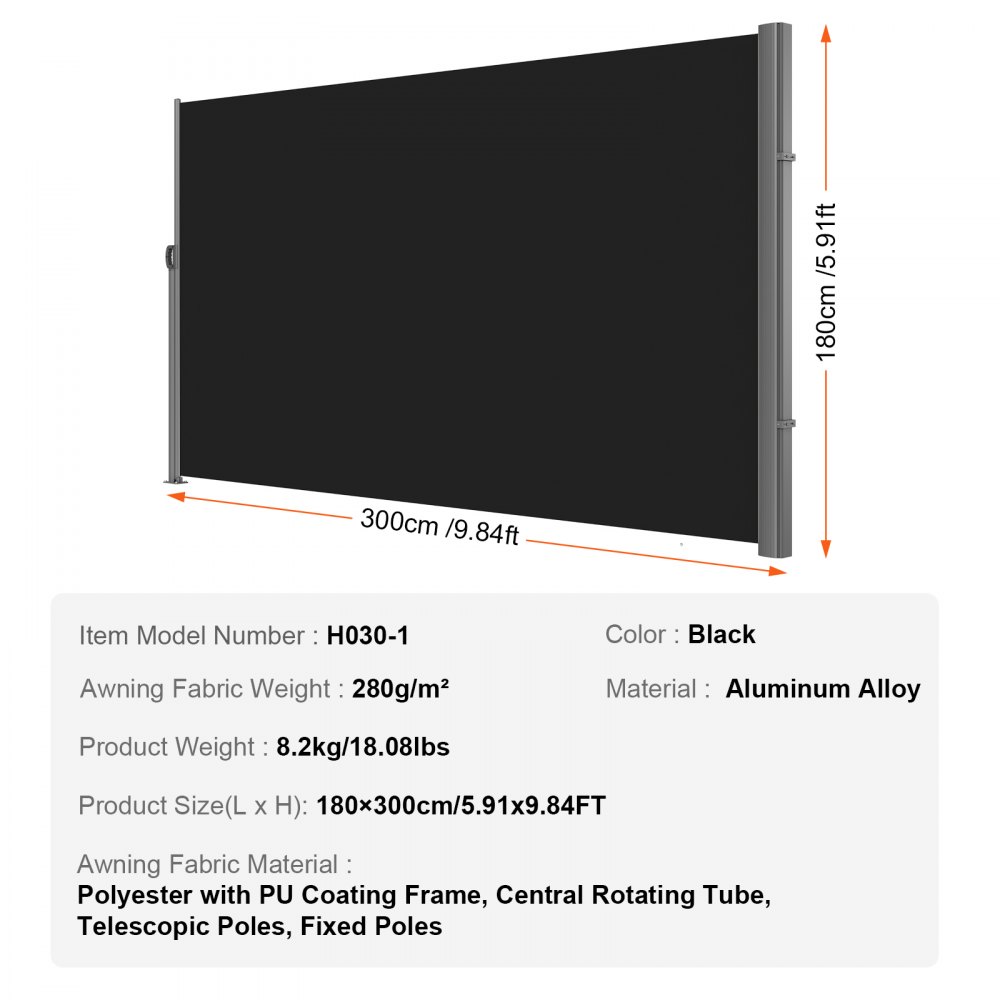 VEVOR retractable side awning, black, 180x300cm dimensions, aluminum alloy material.