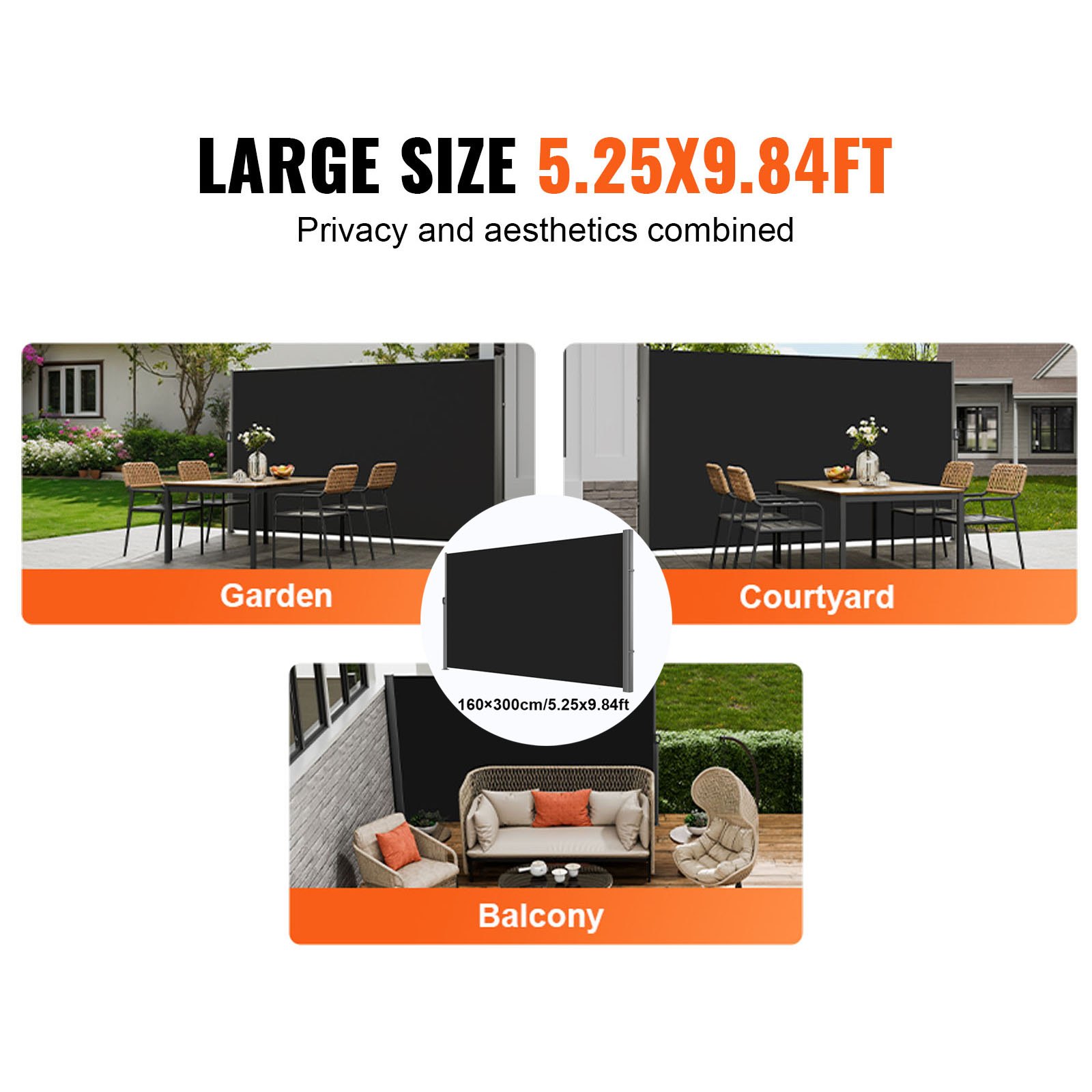 VEVOR Retractable Side Awning, 71''x 118'' Aluminum Outdoor Privacy Screen, 280g Polyester Water-proof Retractable Patio Screen, UV 30+ Room Divider Wind Screen for Patio, Backyard, Balcony, Black