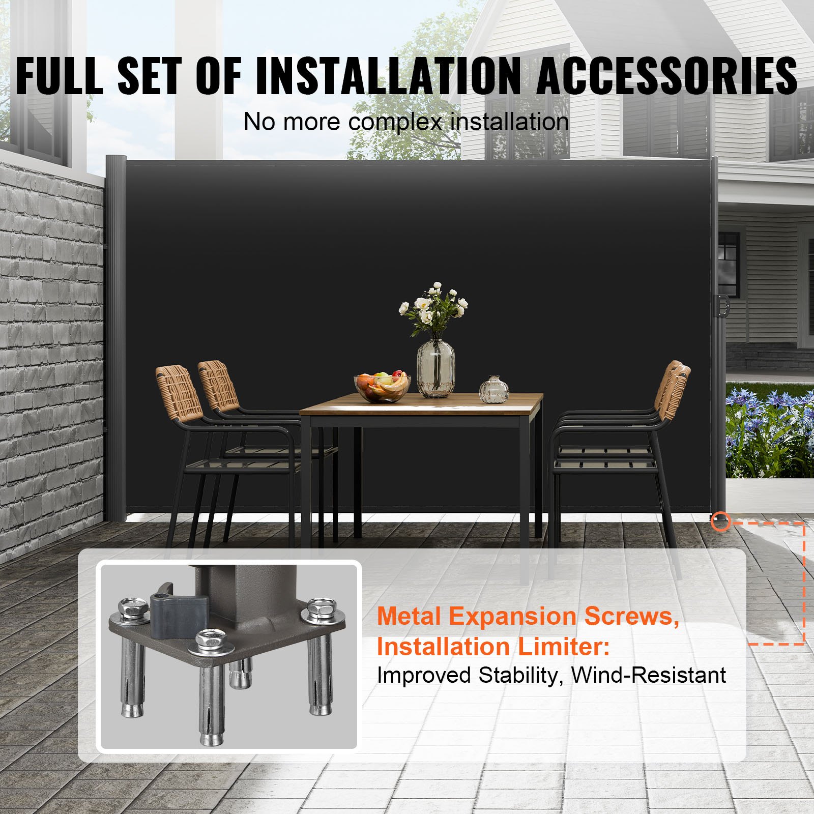 VEVOR Retractable Side Awning, 71''x 118'' Aluminum Outdoor Privacy Screen, 280g Polyester Water-proof Retractable Patio Screen, UV 30+ Room Divider Wind Screen for Patio, Backyard, Balcony, Black