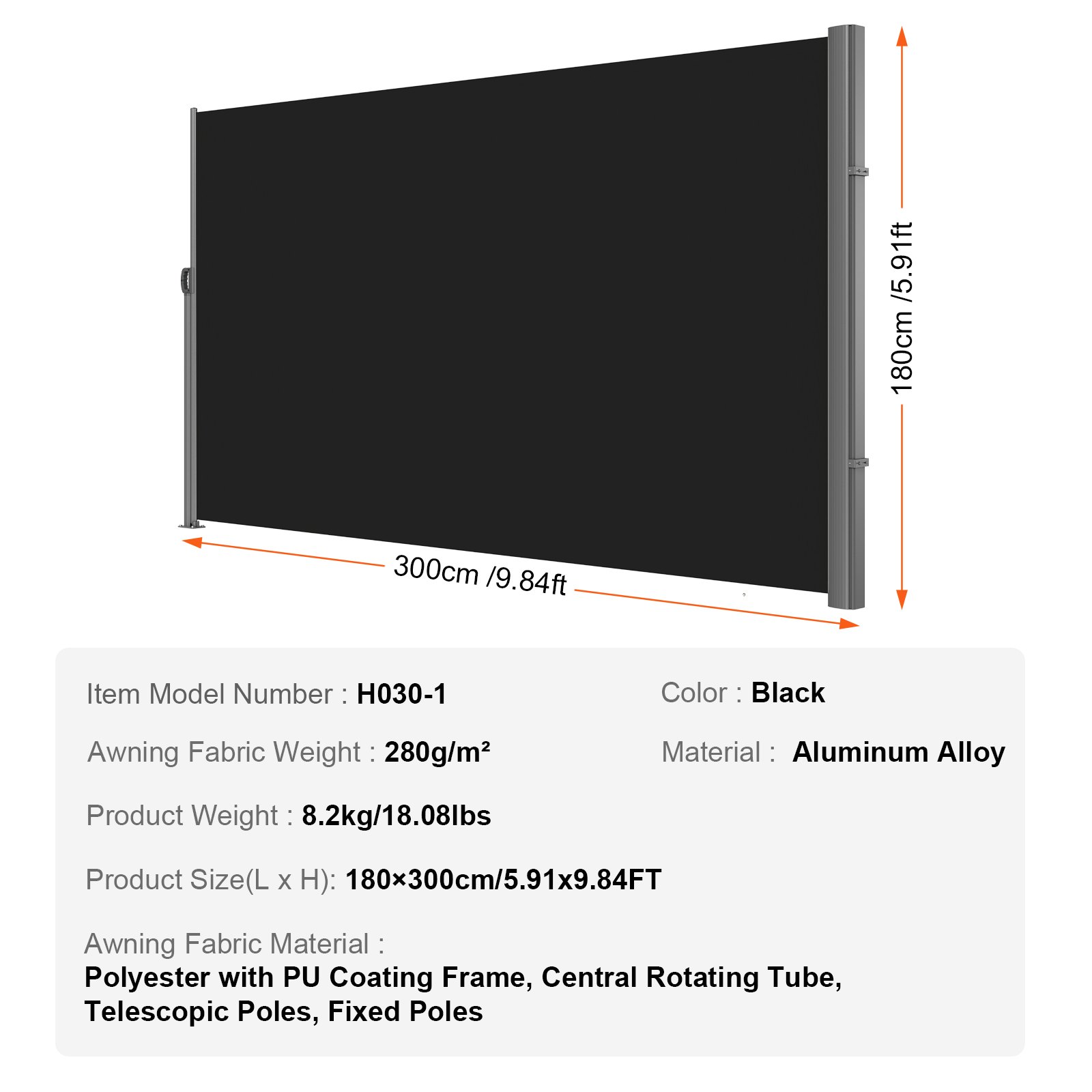 VEVOR retractable side awning, black, 180x300cm dimensions, aluminum alloy material.
