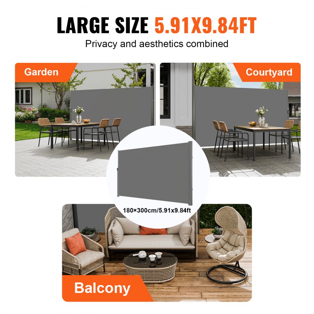 VEVOR Retractable Side Awning, 71''x 118'' Aluminum Outdoor Privacy Screen, 280g Polyester Water-proof Retractable Patio Screen, UV 30+ Room Divider Wind Screen for Patio, Backyard, Balcony, Gray