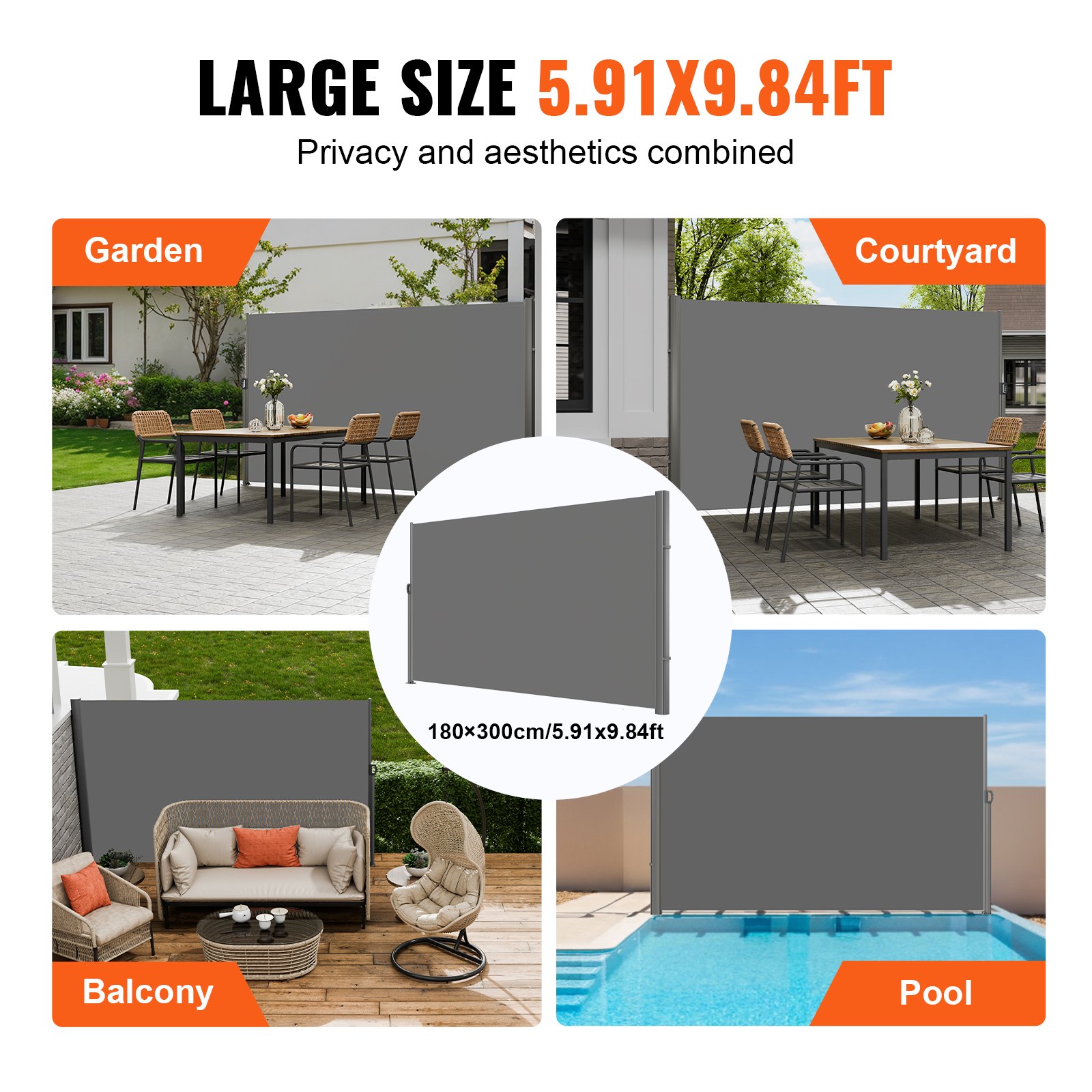 VEVOR Retractable Side Awning, 180X300cm Aluminum Outdoor Privacy Screen, 280g Polyester Water-proof Retractable Patio Screen, UV 30+ Room Divider Wind Screen for Patio, Backyard, Balcony, Gray