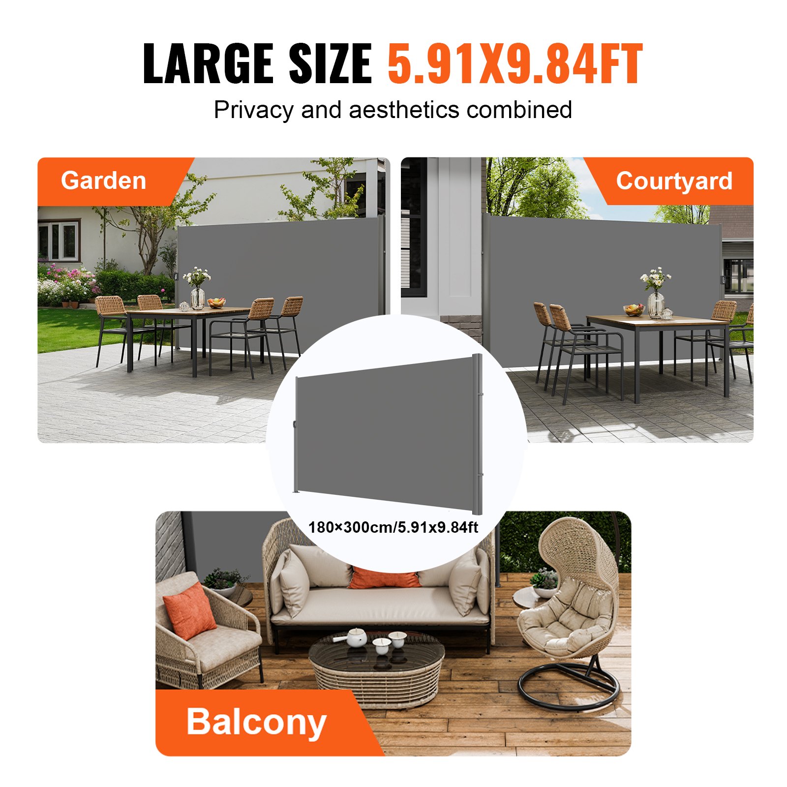 VEVOR Retractable Side Awning, 71''x 118'' Aluminum Outdoor Privacy Screen, 280g Polyester Water-proof Retractable Patio Screen, UV 30+ Room Divider Wind Screen for Patio, Backyard, Balcony, Gray