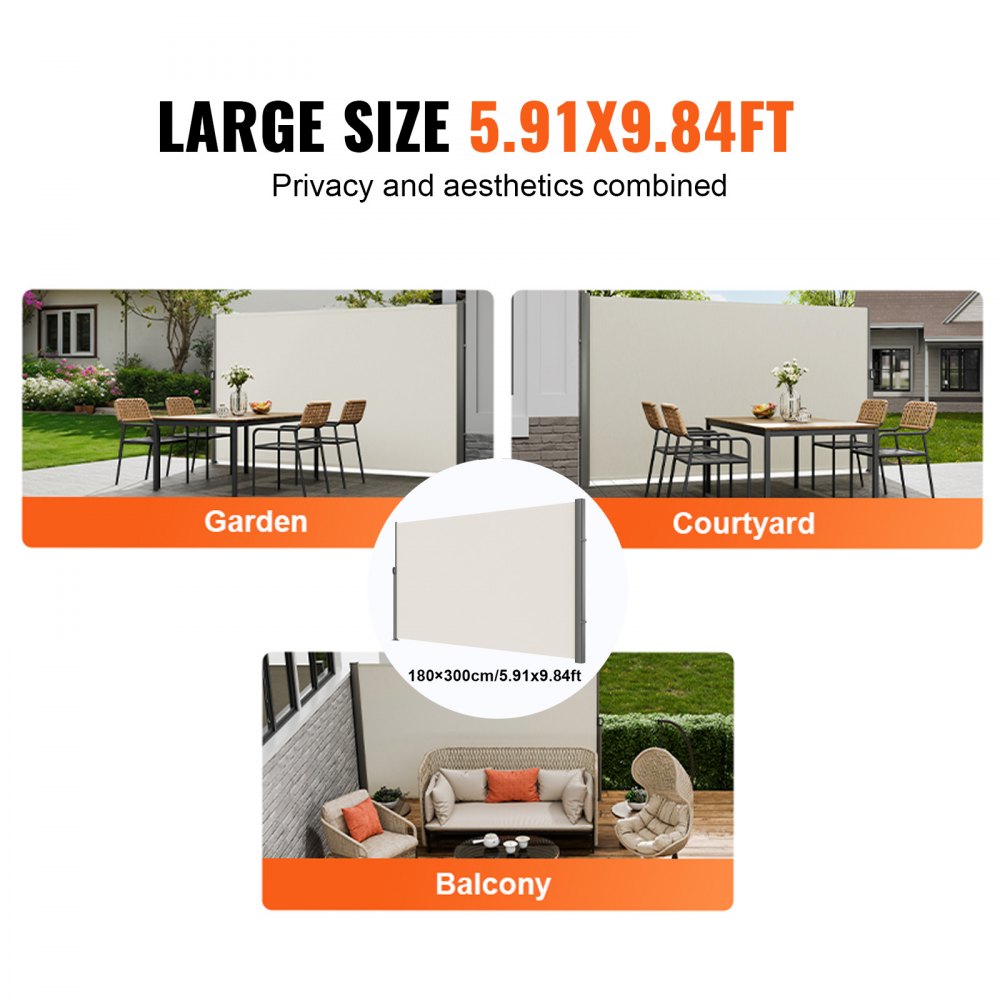 VEVOR Retractable Side Awning,180X300cm  Aluminum Outdoor Privacy Screen, 280g Polyester Water-proof Retractable Patio Screen, UV 30+ Room Divider Wind Screen for Patio, Backyard, Balcony, Beige