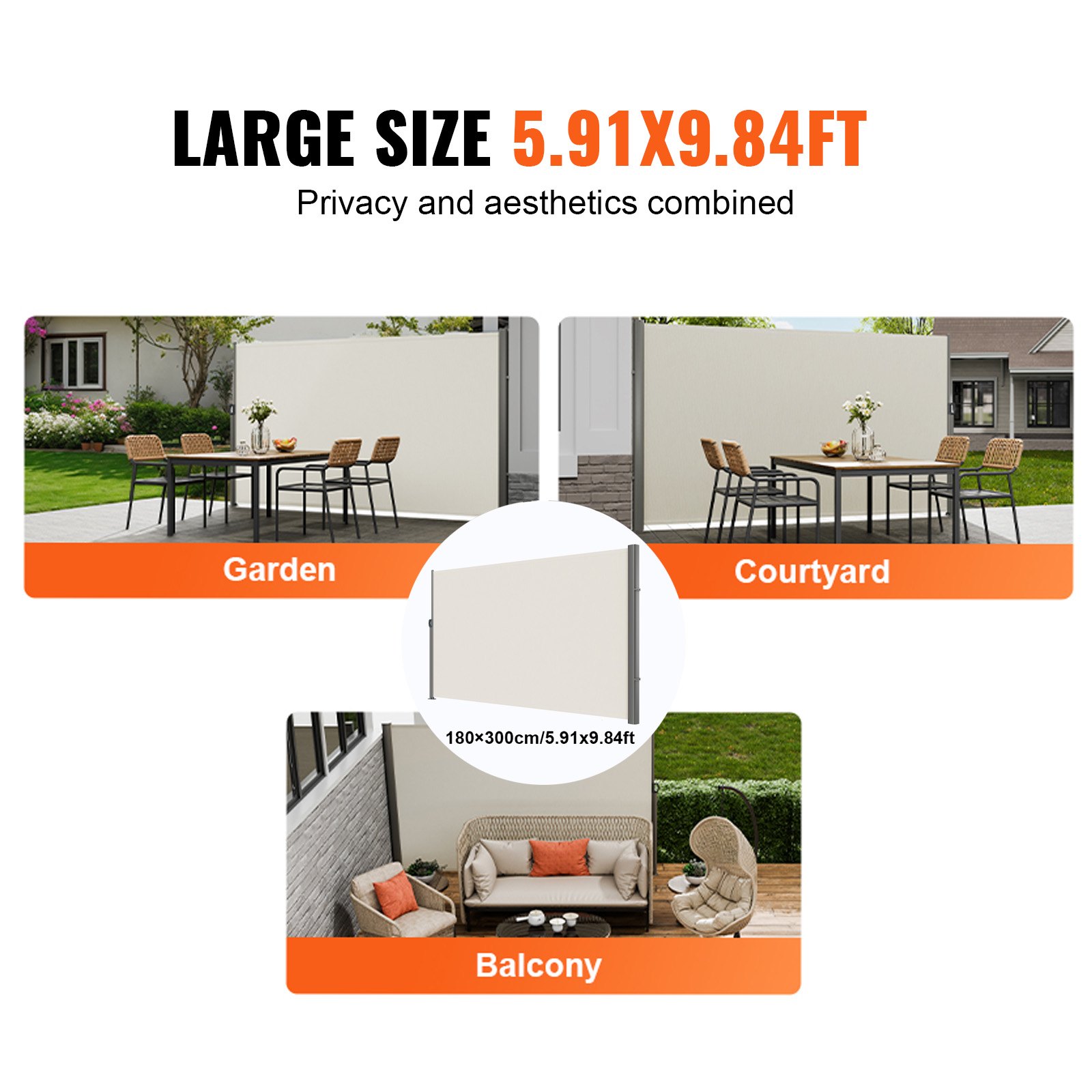 VEVOR Retractable Side Awning, 71''x 118'' Aluminum Outdoor Privacy Screen, 280g Polyester Water-proof Retractable Patio Screen, UV 30+ Room Divider Wind Screen for Patio, Backyard, Balcony, Beige