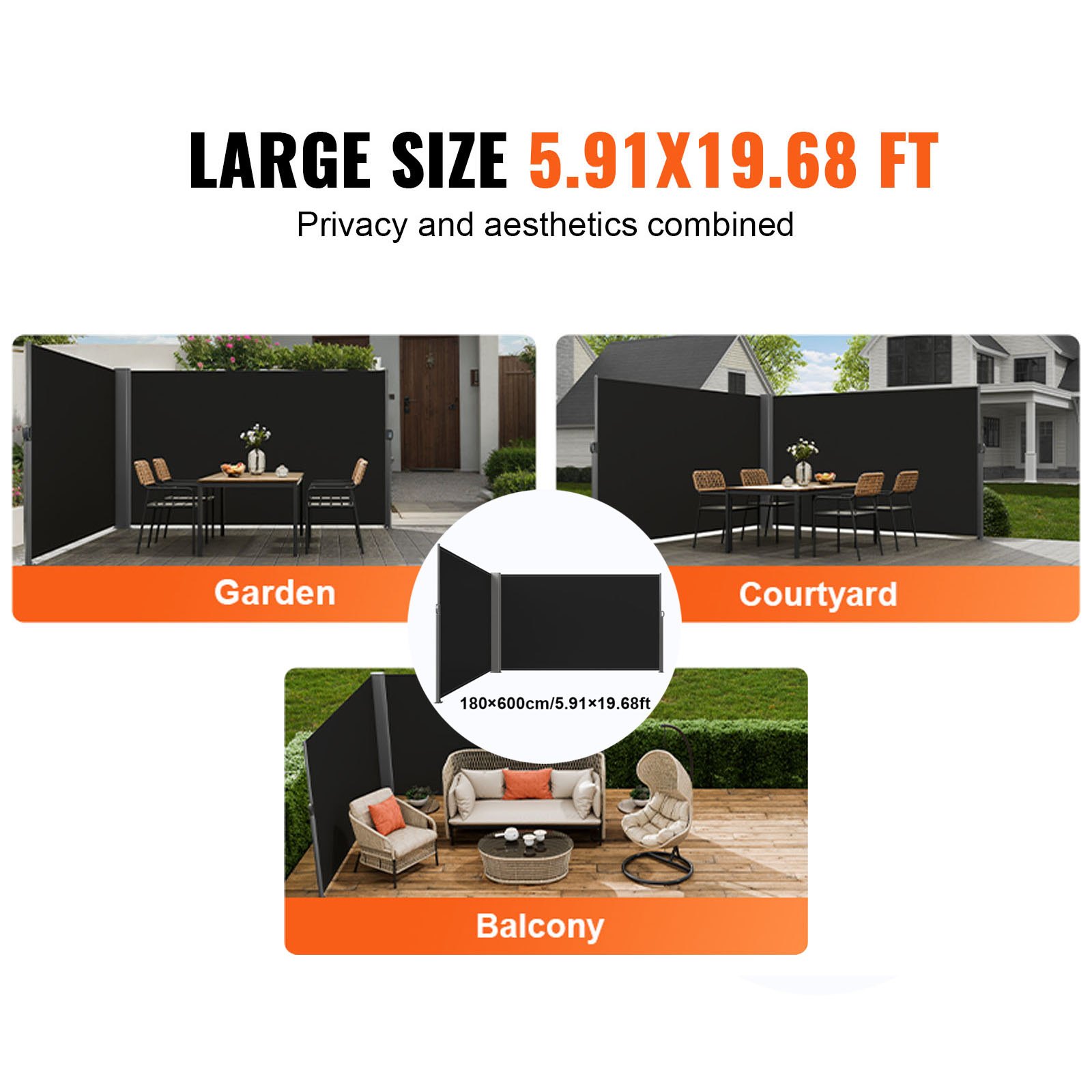 VEVOR Retractable Side Awning, 71''x 236'' Aluminum Outdoor Privacy Screen, 280g Polyester Water-proof Retractable Patio Screen, UV 30+ Room Divider Wind Screen for Patio, Backyard, Balcony, Black