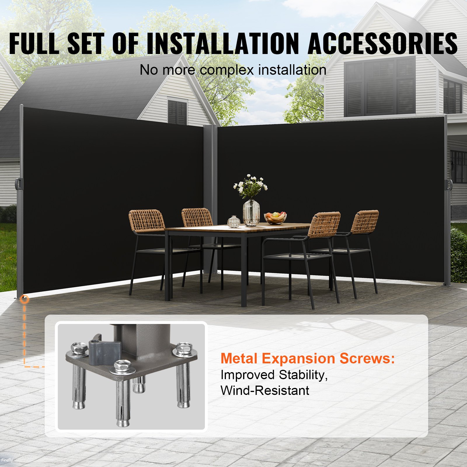 outdoor dining set on patio with wicker chairs, featuring metal expansion screws for stability.