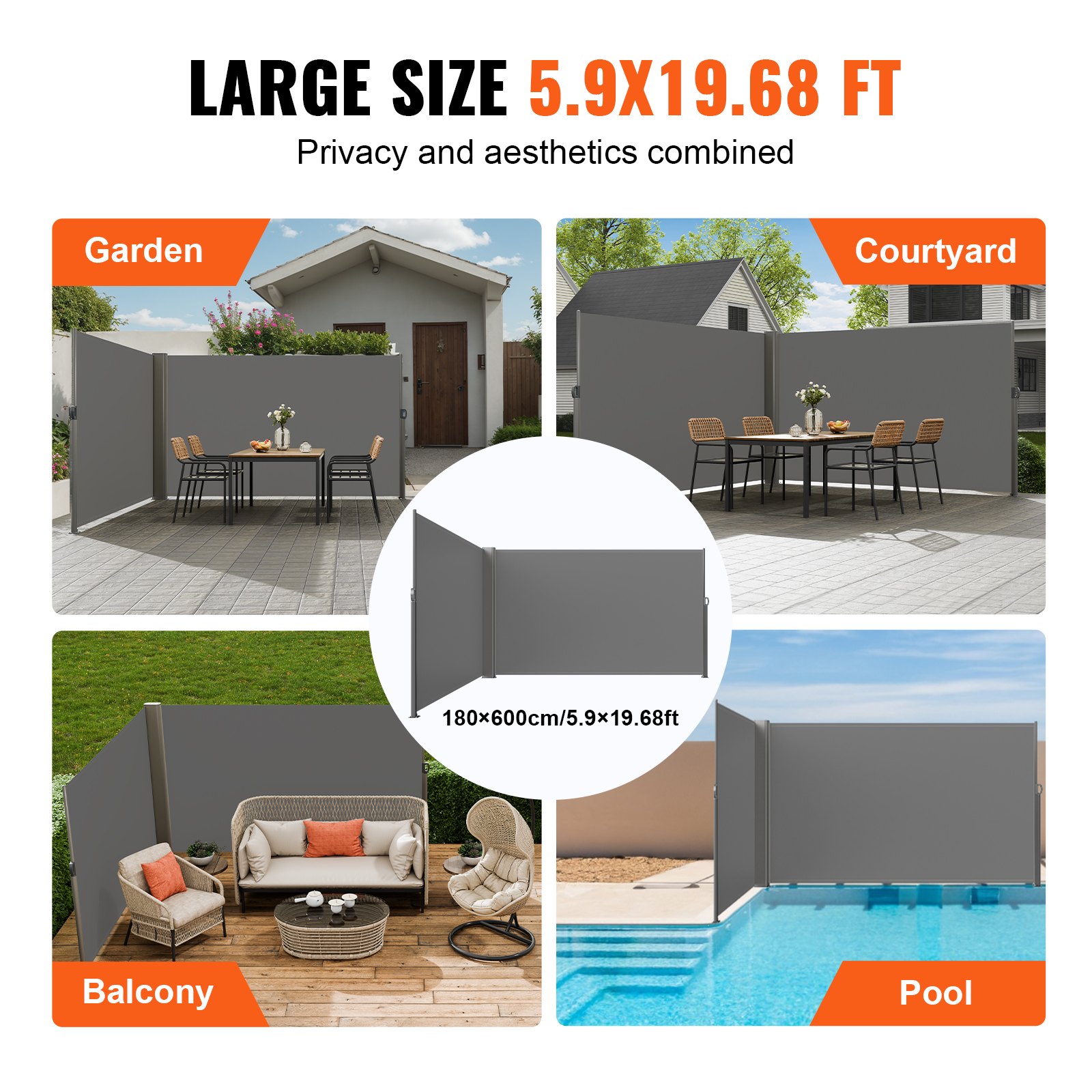 VEVOR retractable side awning in garden, courtyard, balcony, and pool settings.