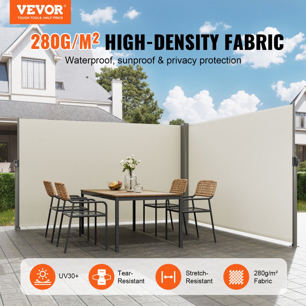 Toldo lateral retráctil VEVOR, pantalla de privacidad exterior de aluminio de 71'' x 236'', pantalla retráctil de poliéster impermeable de 280 g para patio, separador de ambientes con protección UV 30+ y cortavientos para patio, jardín y balcón, color beige.