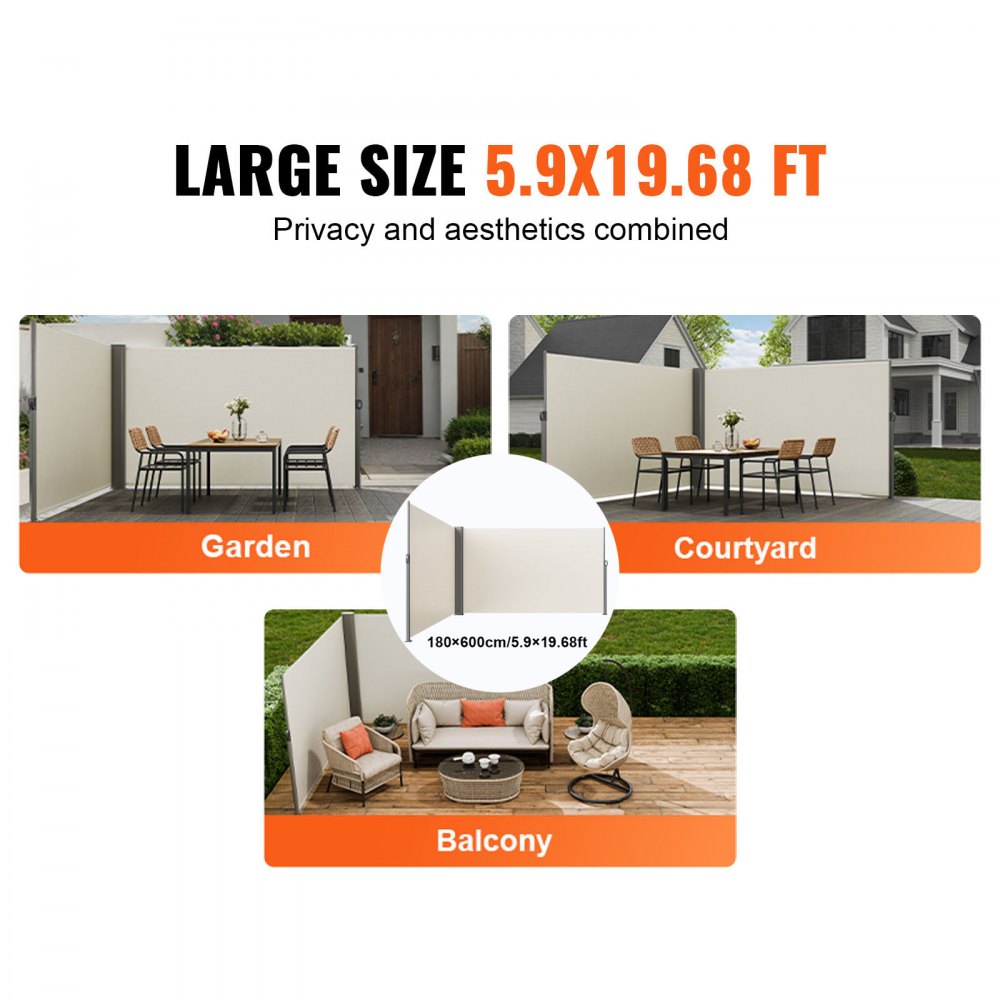 VEVOR Retractable Side Awning, 180X600cm Aluminum Outdoor Privacy Screen, 280g Polyester Water-proof Retractable Patio Screen, UV 30+ Room Divider Wind Screen for Patio, Backyard, Balcony, Beige