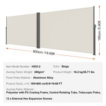 VEVOR Retractable Side Awning, 180X600cm Aluminum Outdoor Privacy Screen, 280g Polyester Water-proof Retractable Patio Screen, UV 30+ Room Divider Wind Screen for Patio, Backyard, Balcony, Beige