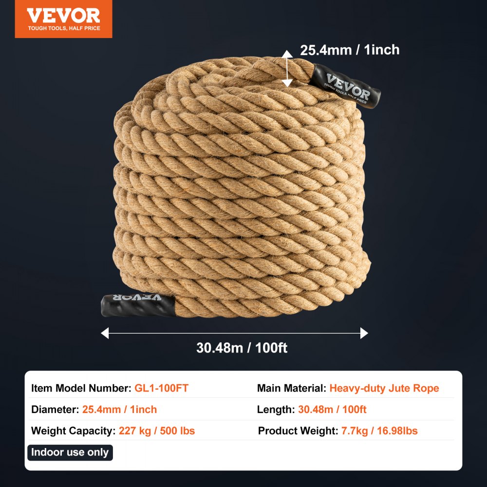 VEVOR Gym Climbing Rope, 1" Diameter 100 ft Length Gym Fitness Training Rope, Gym Exercise Workout Rope for Adults, Climbing Rope for Fitness and Strength Training, Climbing Exercise, Home Workout