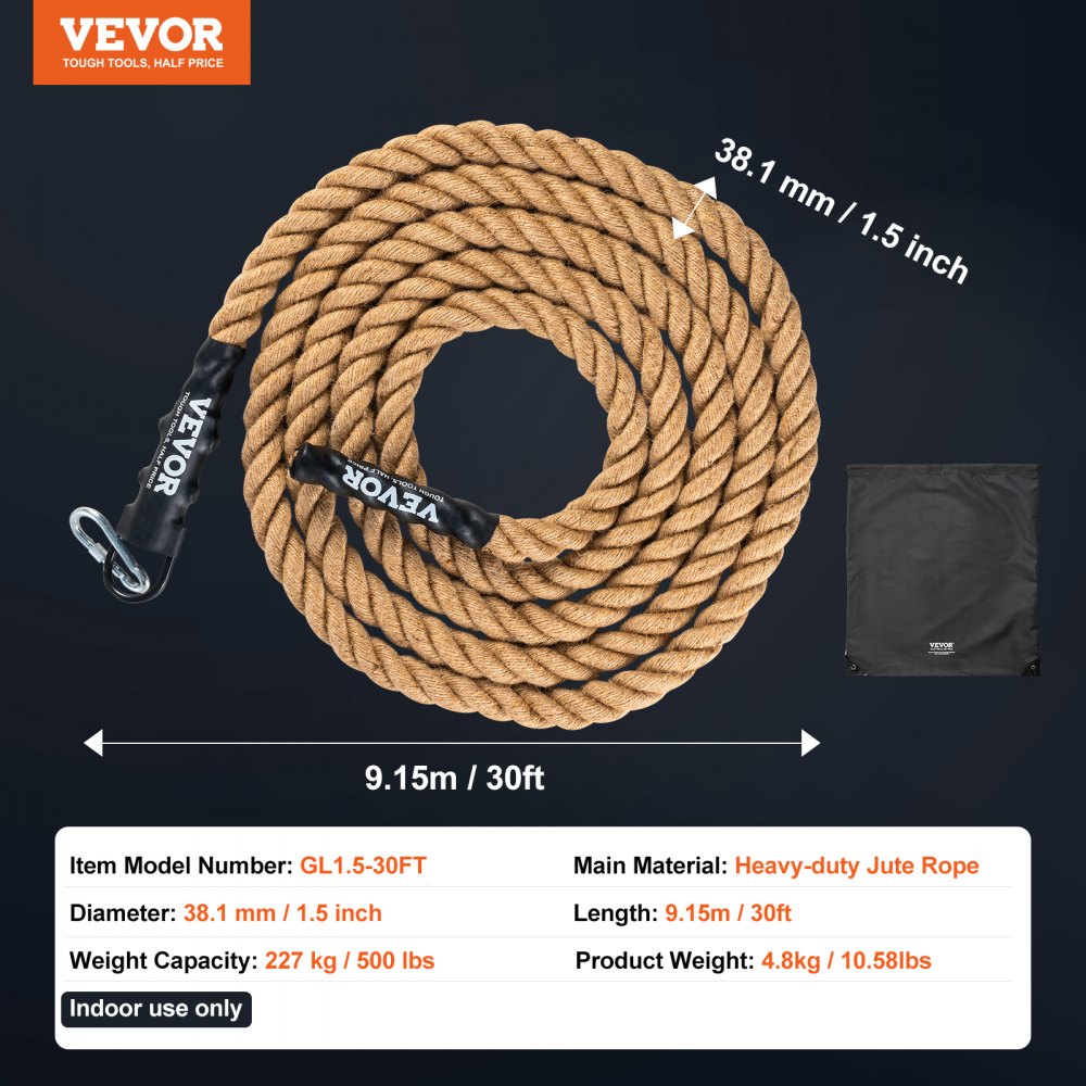 VEVOR Gym Climbing Rope, 1.5" Diameter 30 ft Length Gym Fitness Training Rope, Gym Exercise Workout Rope for Adults, Climbing Rope for Fitness and Strength Training, Climbing Exercise, Home Workout