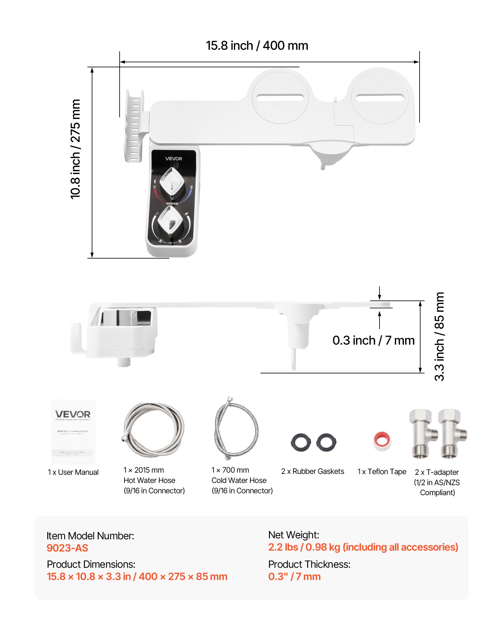 VEVOR Bidet Attachment for Toilet, Hot & Cold Non-Electric Water Sprayer - Dual Retractable Nozzles, Adjustable Water Pressure, 0.3’’ Ultra Thin Bidet Toilet Seat Attachment for Rear and Feminine Wash