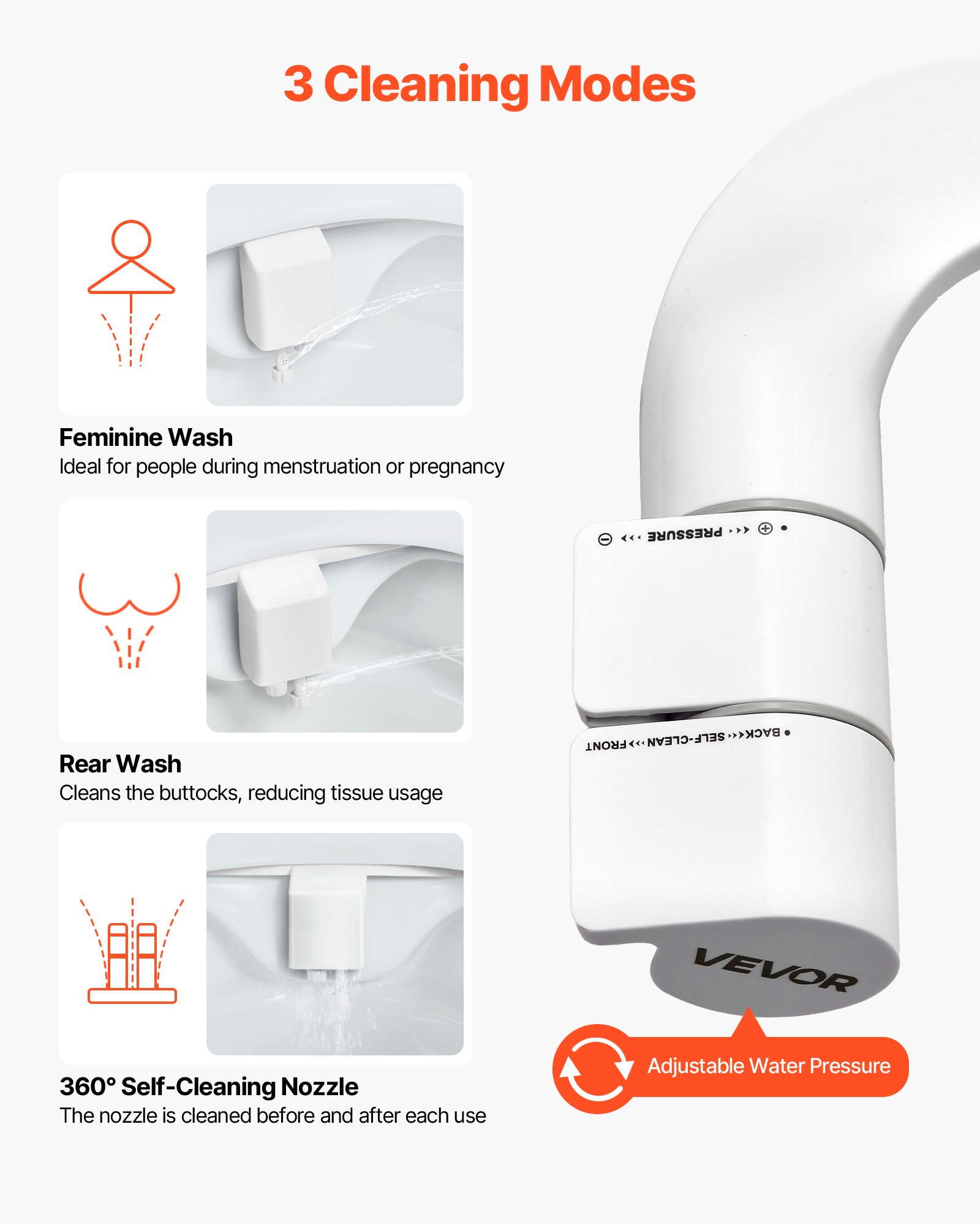 VEVOR Bidet Attachment for Toilet, Self-Cleaning Bidet Toilet Seat Attachment - Dual Retractable Nozzles, Adjustable Water Pressure, Easily Installed Cold Water Sprayer for Rear Feminine Wash, White