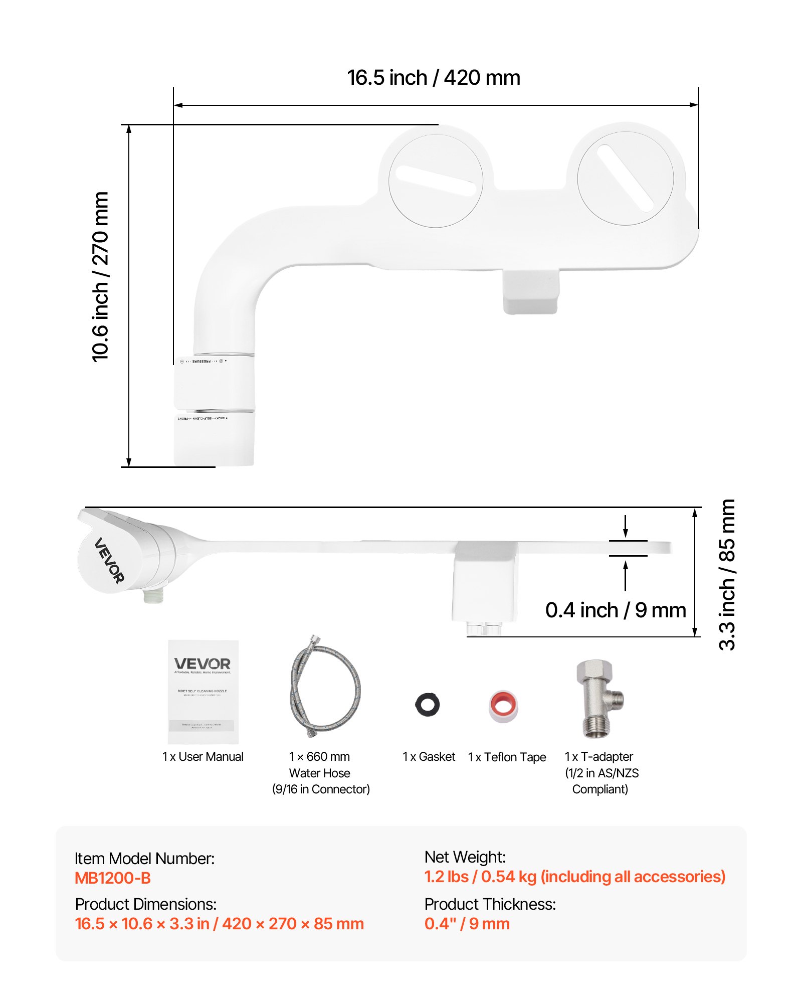 VEVOR Bidet Attachment for Toilet, Self-Cleaning Bidet Toilet Seat Attachment - Dual Retractable Nozzles, Adjustable Water Pressure, Easily Installed Cold Water Sprayer for Rear Feminine Wash, White
