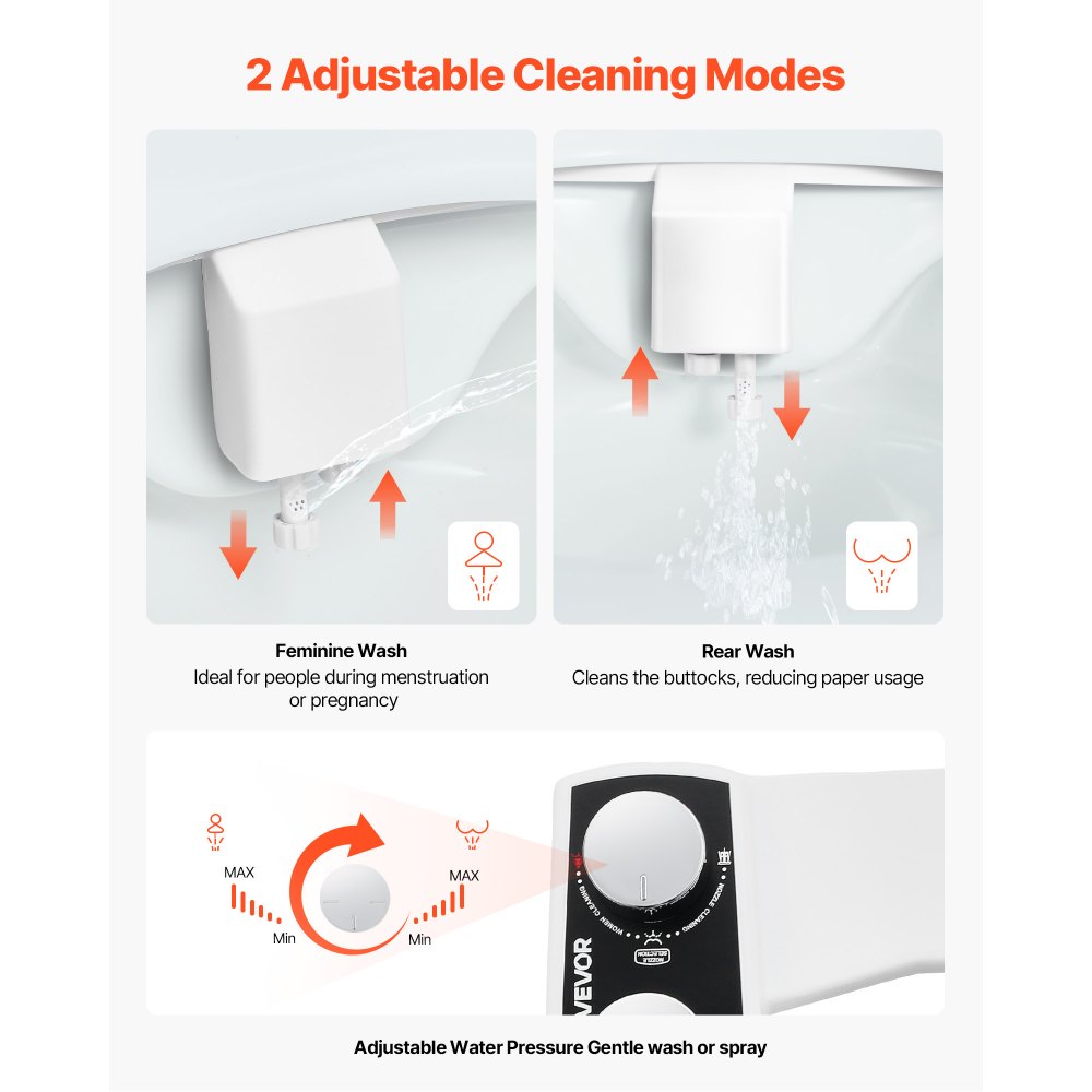 VEVOR Bidet Attachment for Toilet, Non-Electric Bidet Toilet Seat Attachment - Dual Retractable Nozzles, Adjustable Water Pressure,  Easily Installed Cold Water Sprayer for Rear Feminine Wash, White
