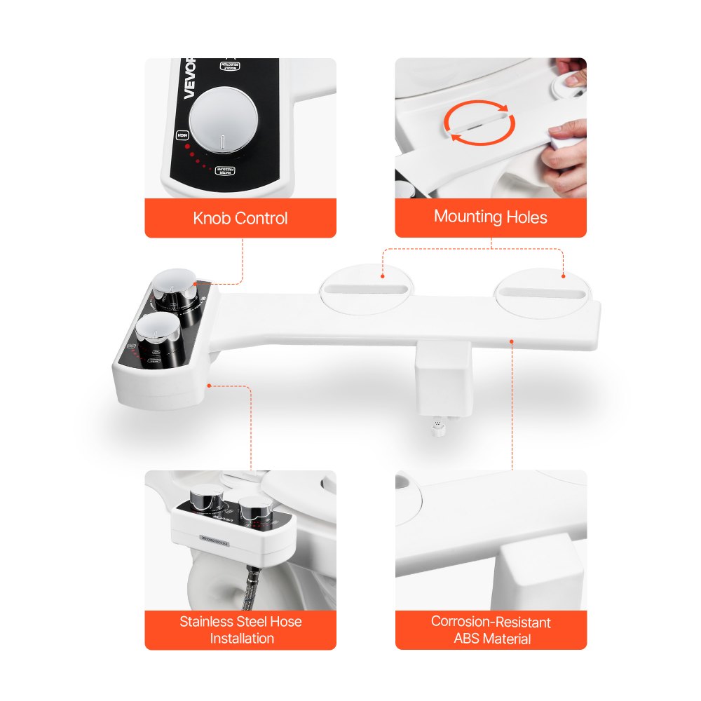 VEVOR Bidet Attachment for Toilet, Non-Electric Bidet Toilet Seat Attachment - Dual Retractable Nozzles, Adjustable Water Pressure,  Easily Installed Cold Water Sprayer for Rear Feminine Wash, White