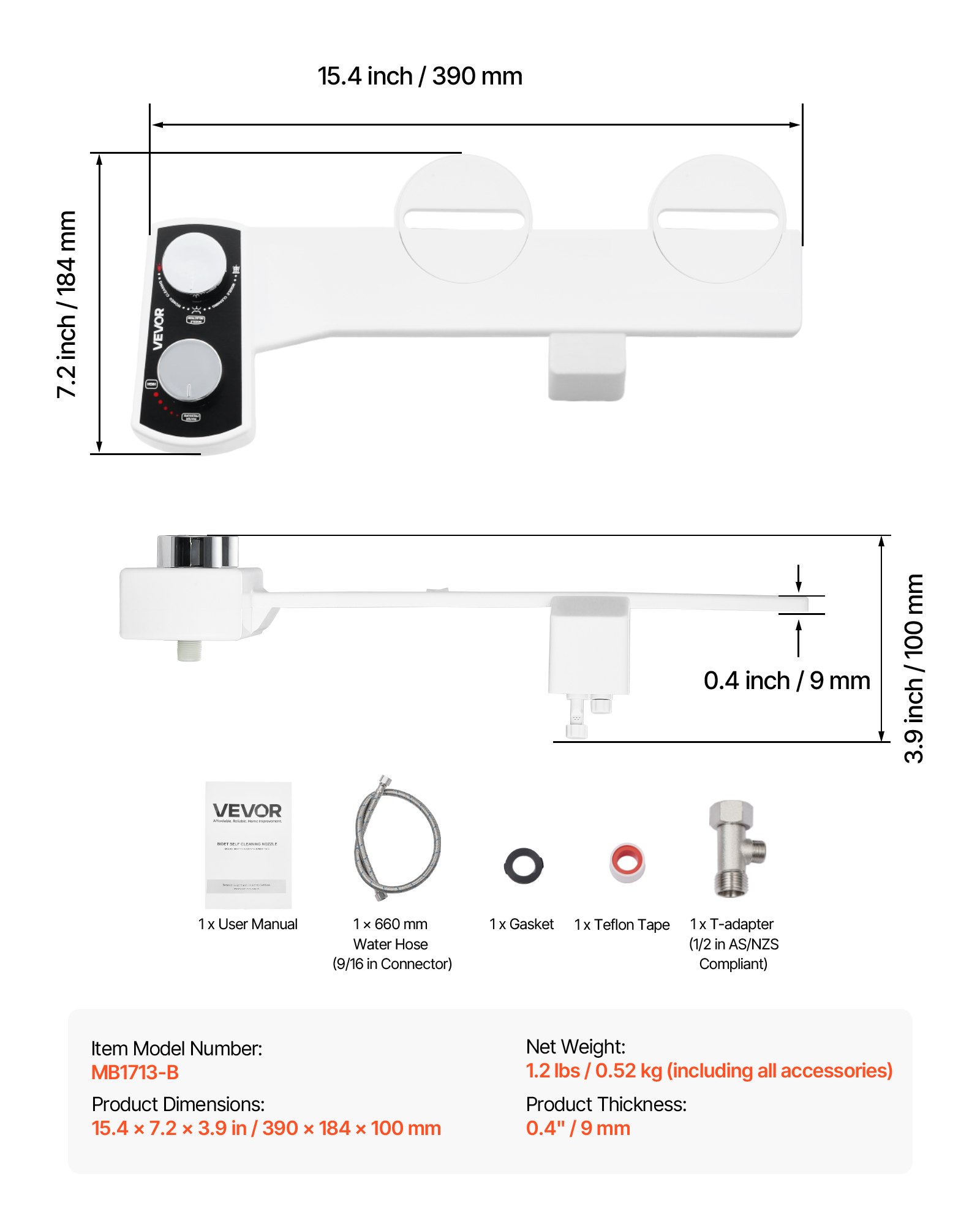 VEVOR Bidet Attachment for Toilet, Non-Electric Bidet Toilet Seat Attachment - Dual Retractable Nozzles, Adjustable Water Pressure,  Easily Installed Cold Water Sprayer for Rear Feminine Wash, White