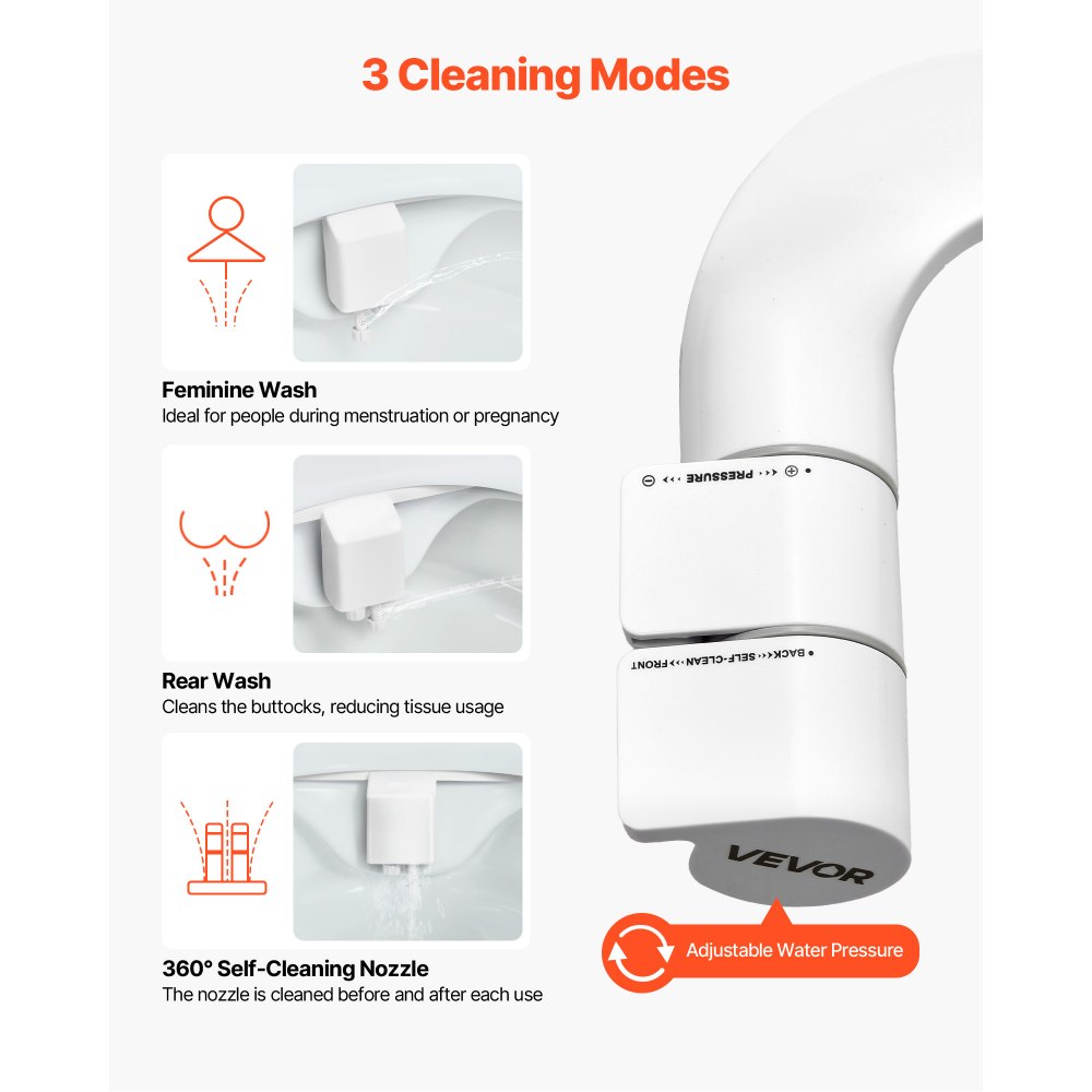 VEVOR Bidet Attachment for Toilet, Self-Cleaning Bidet Toilet Seat Attachment - Dual Retractable Nozzles, Adjustable Water Pressure, Easily Installed Cold Water Sprayer for Rear Feminine Wash, White