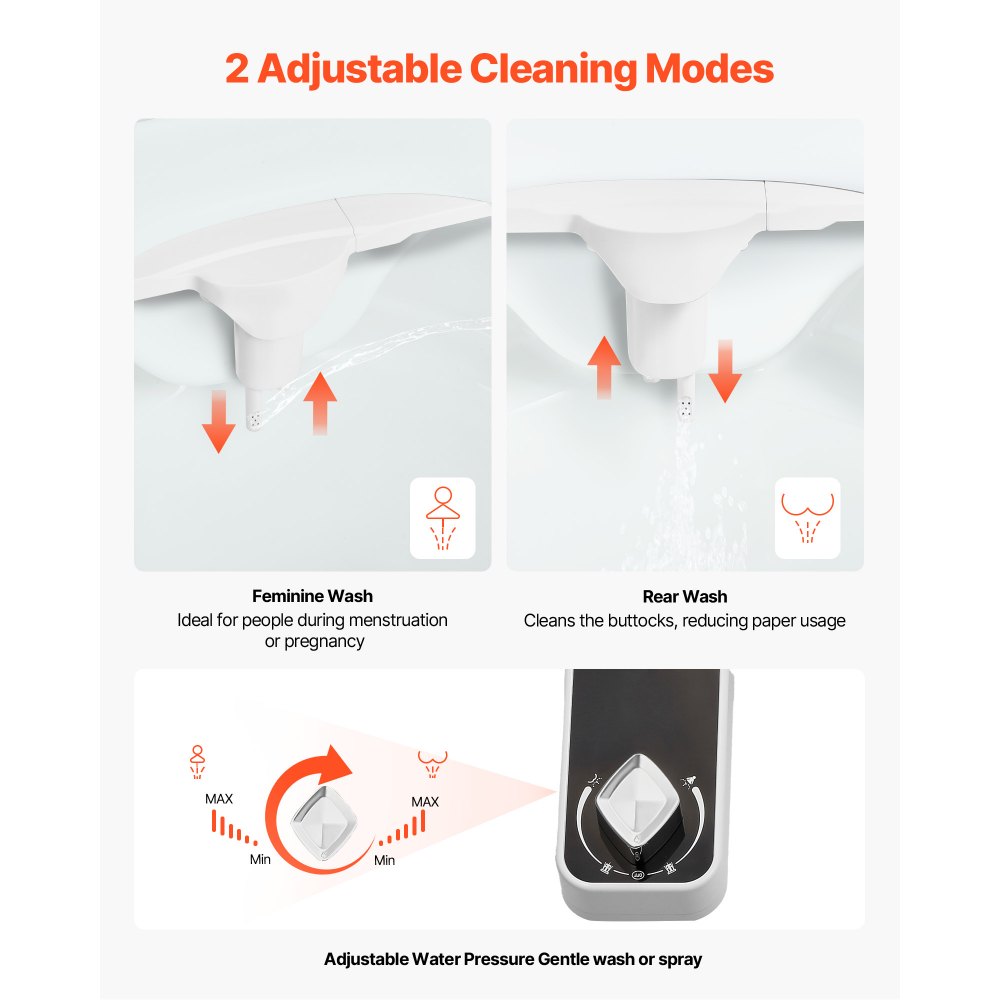 Accesorio de bidé VEVOR para inodoro, asiento de bidé ultrafino de 0,3", boquillas retráctiles dobles, presión de agua ajustable, rociador de agua fría no eléctrico para lavado frontal y trasero, color blanco
