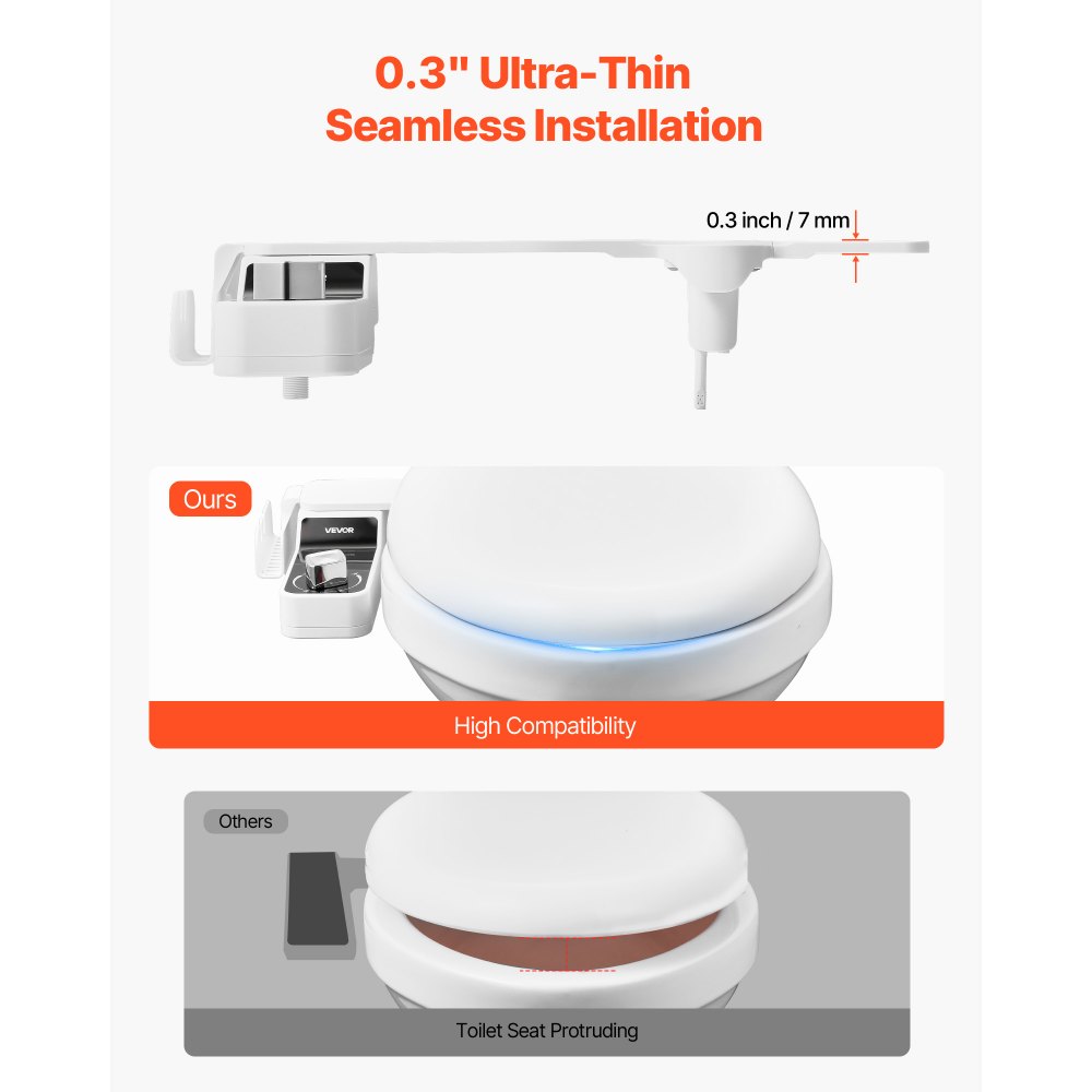 Accesorio de bidé VEVOR para inodoro, asiento de bidé ultrafino de 0,3", boquillas retráctiles dobles, presión de agua ajustable, rociador de agua fría no eléctrico para lavado frontal y trasero, color blanco