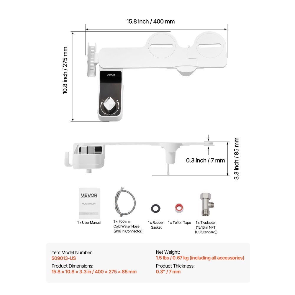 Accesorio de bidé VEVOR para inodoro, asiento de bidé ultrafino de 0,3", boquillas retráctiles dobles, presión de agua ajustable, rociador de agua fría no eléctrico para lavado frontal y trasero, color blanco