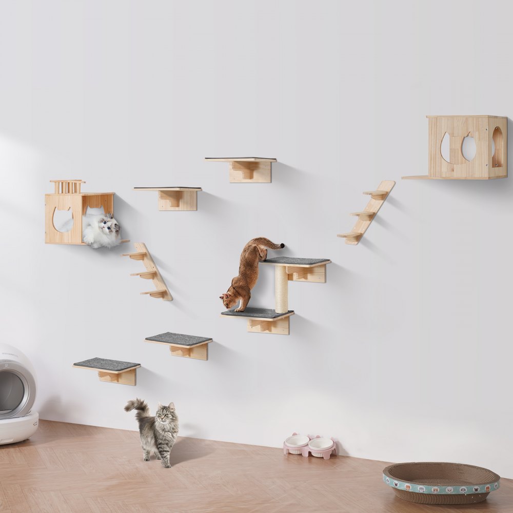 VEVOR Wall Mounted Cat Shelves Tree with Jumping Boards Nests Hammock Set of 9