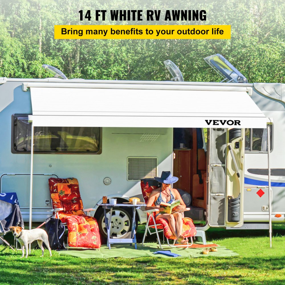 VEVOR RV Awning Fabric Replacement, 14 ft, 15oz Vinyl Waterproof Sun Shade, Outdoor Canopy RV Replacement Fabric for Camper, Trailer, and Motor Home Awnings, Fabric Size 13 ft 2 inWhite