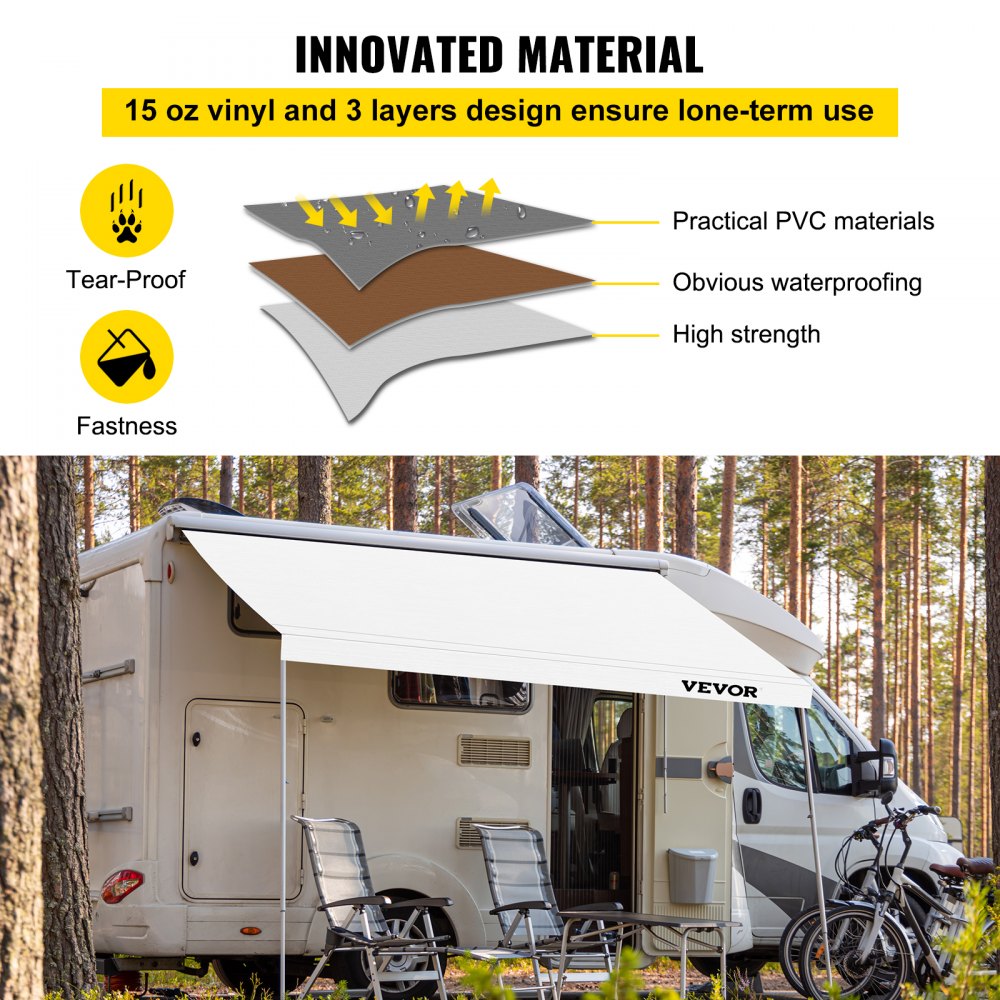 VEVOR Reemplazo de tela para toldo RV, 19 pies, 15 oz de vinilo impermeable, toldo para exteriores, tela de repuesto para caravanas, remolques y casas rodantes, tamaño de la tela: 18'2" blanco