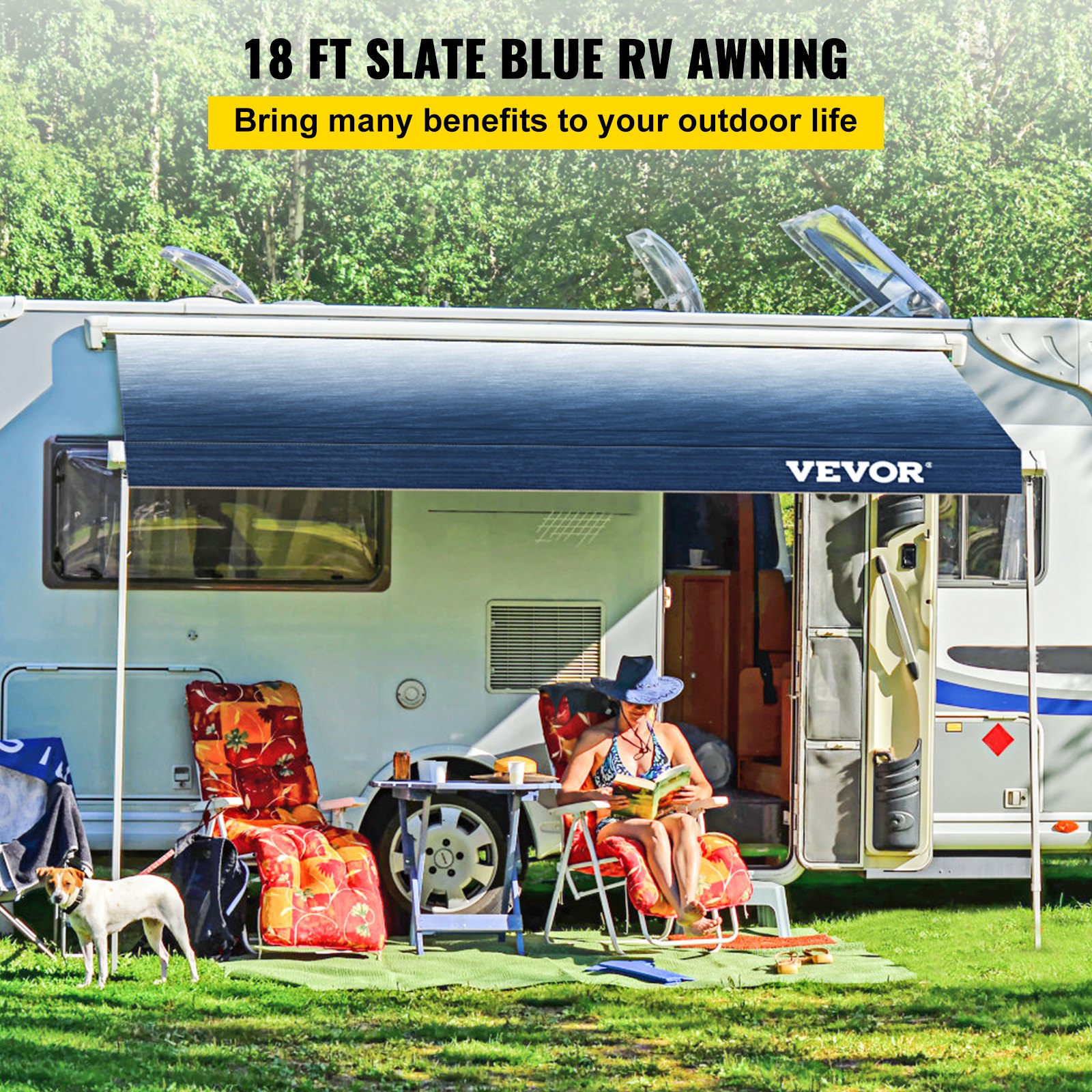 VEVOR RV Awning, Awning Replacement Fabric 18 FT, Slate Blue RV Awning Replacement, 15oz Vinyl Material Replacement Awning, Sun Shade and Waterproof Camper Awning Replacement Fabric