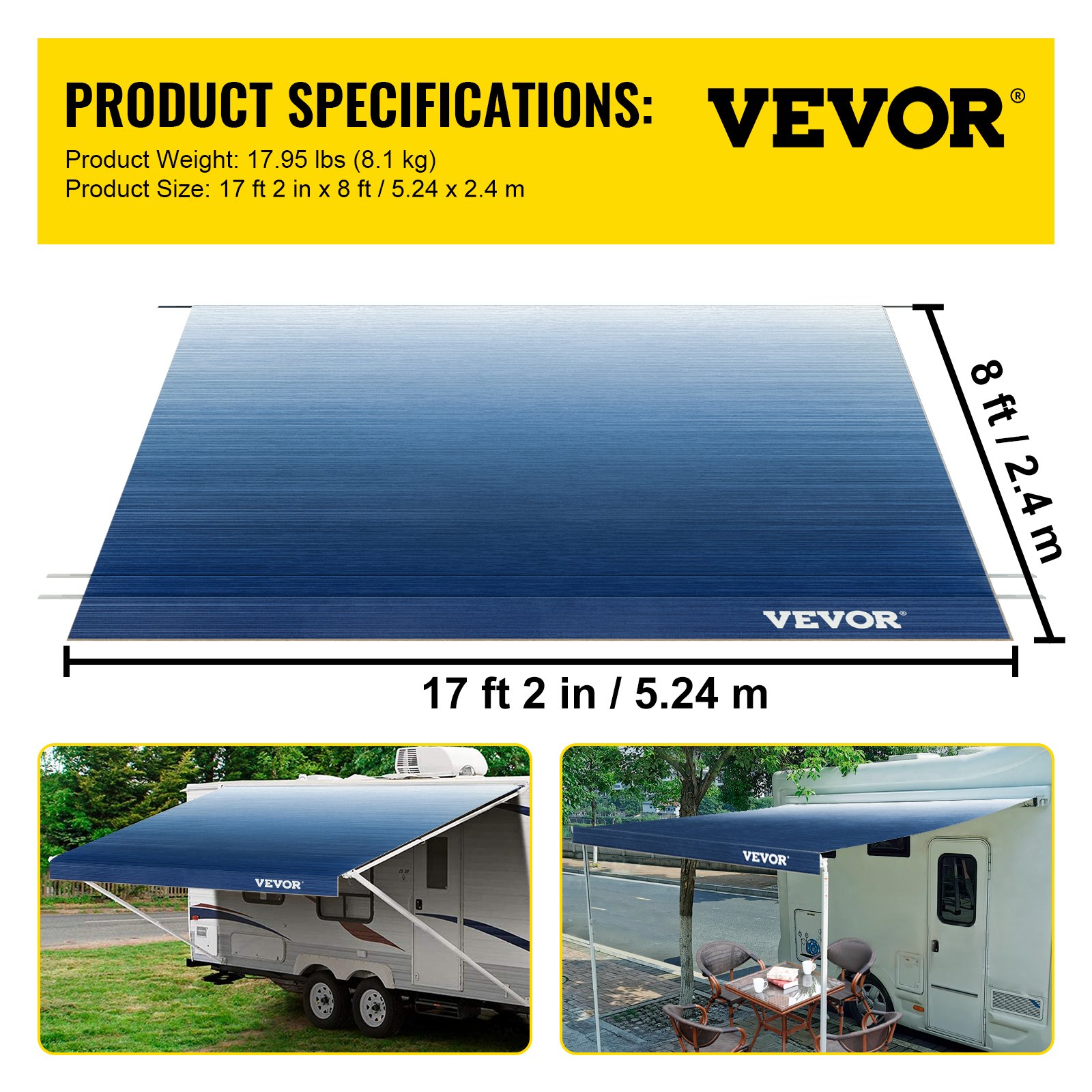 VEVOR RV Awning, Awning Replacement Fabric 18 FT, Slate Blue RV Awning Replacement, 15oz Vinyl Material Replacement Awning, Sun Shade and Waterproof Camper Awning Replacement Fabric