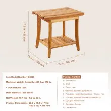 VEVOR Teak Shower Bench 20 x 14.3 x 17.9 in Wood Shower Stool Chair for Bathroom
