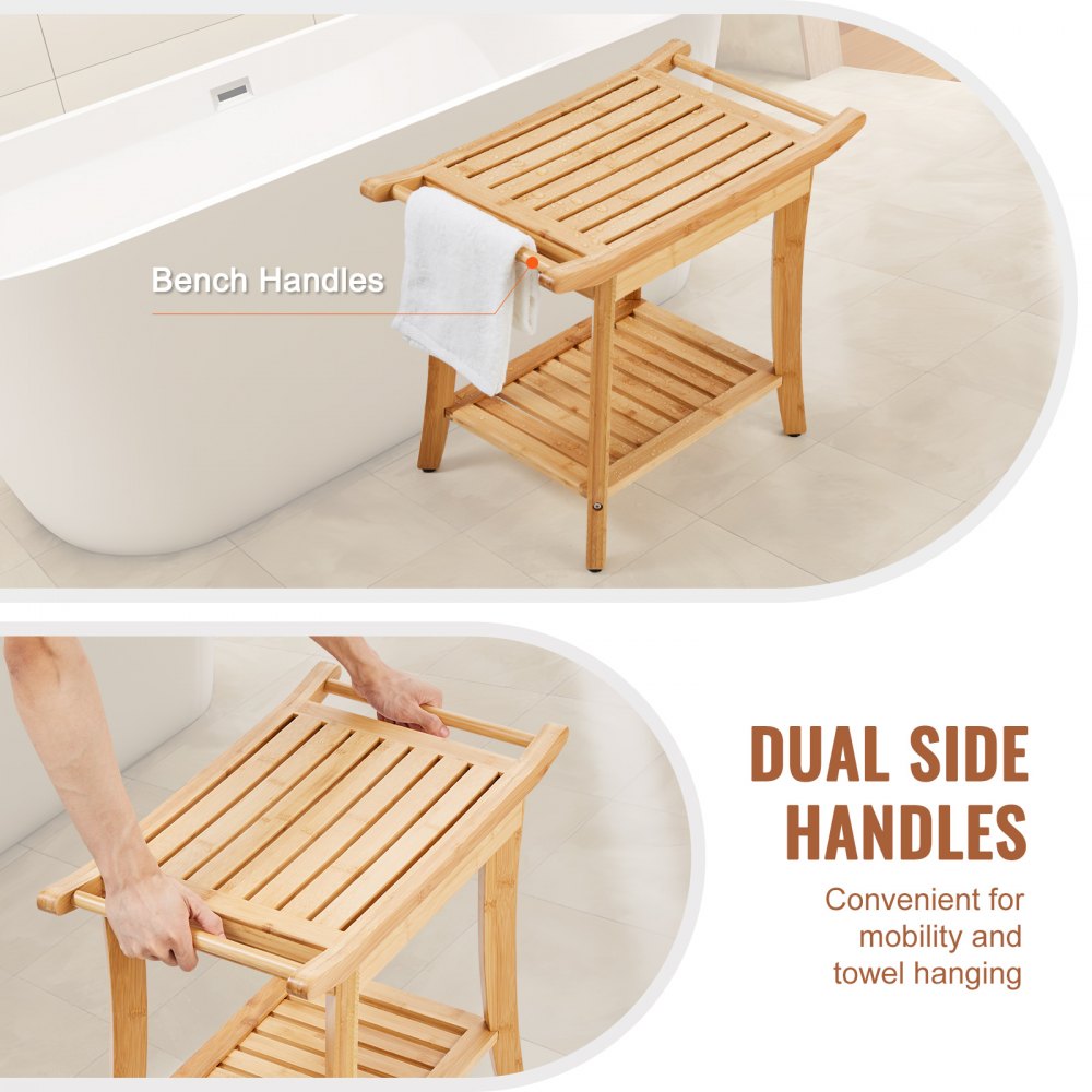 VEVOR Bamboo Shower Bench, 24 x 13.8 x 18.9 in, Waterproof Shower Stool Chair with Storage Shelf Handle, 300 lbs Load Capacity Spa Bath Seat Organizer, for Adults Seniors Women Elderly Indoor Outdoor